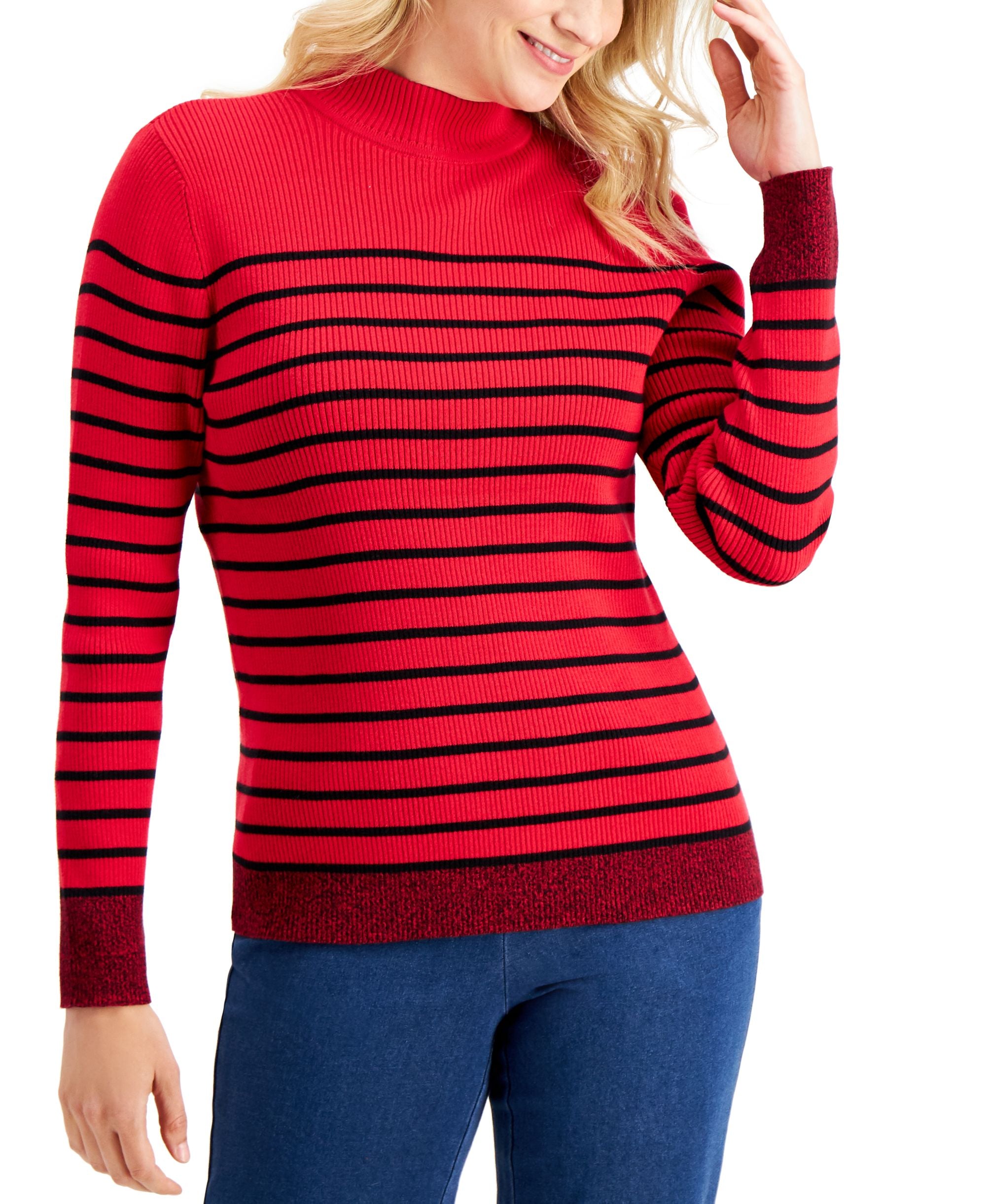 Karen Scott Jenny Rib Striped Mock Neck Sweater