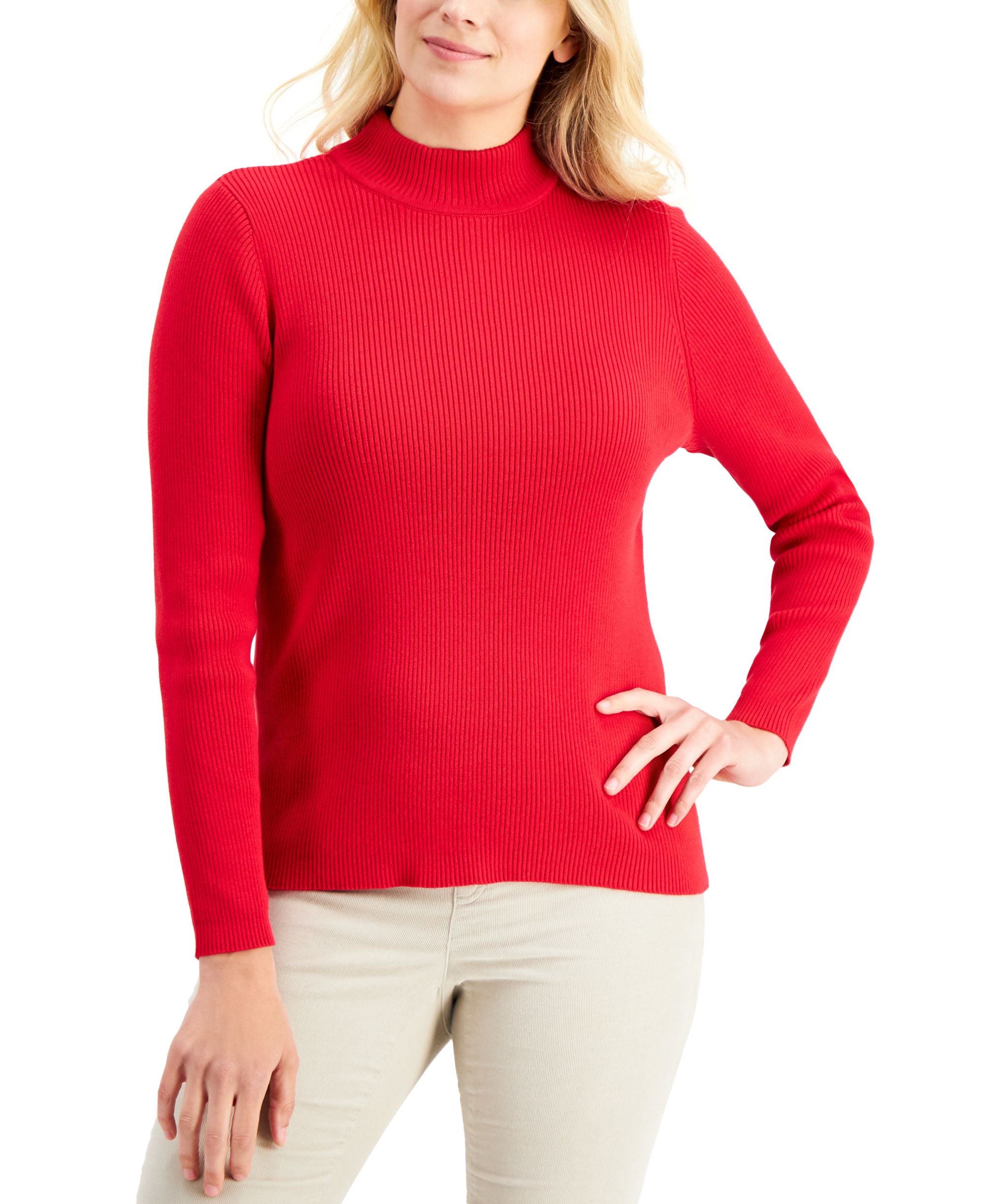 Karen Scott Cotton Solid Rib Mock Neck Sweater
