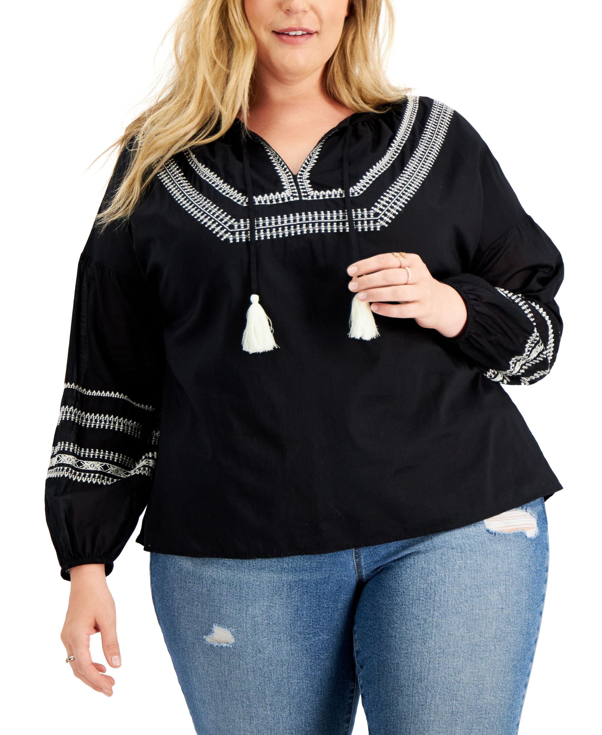 Style & Co Plus Size Embroidered Tassel Tunic Top