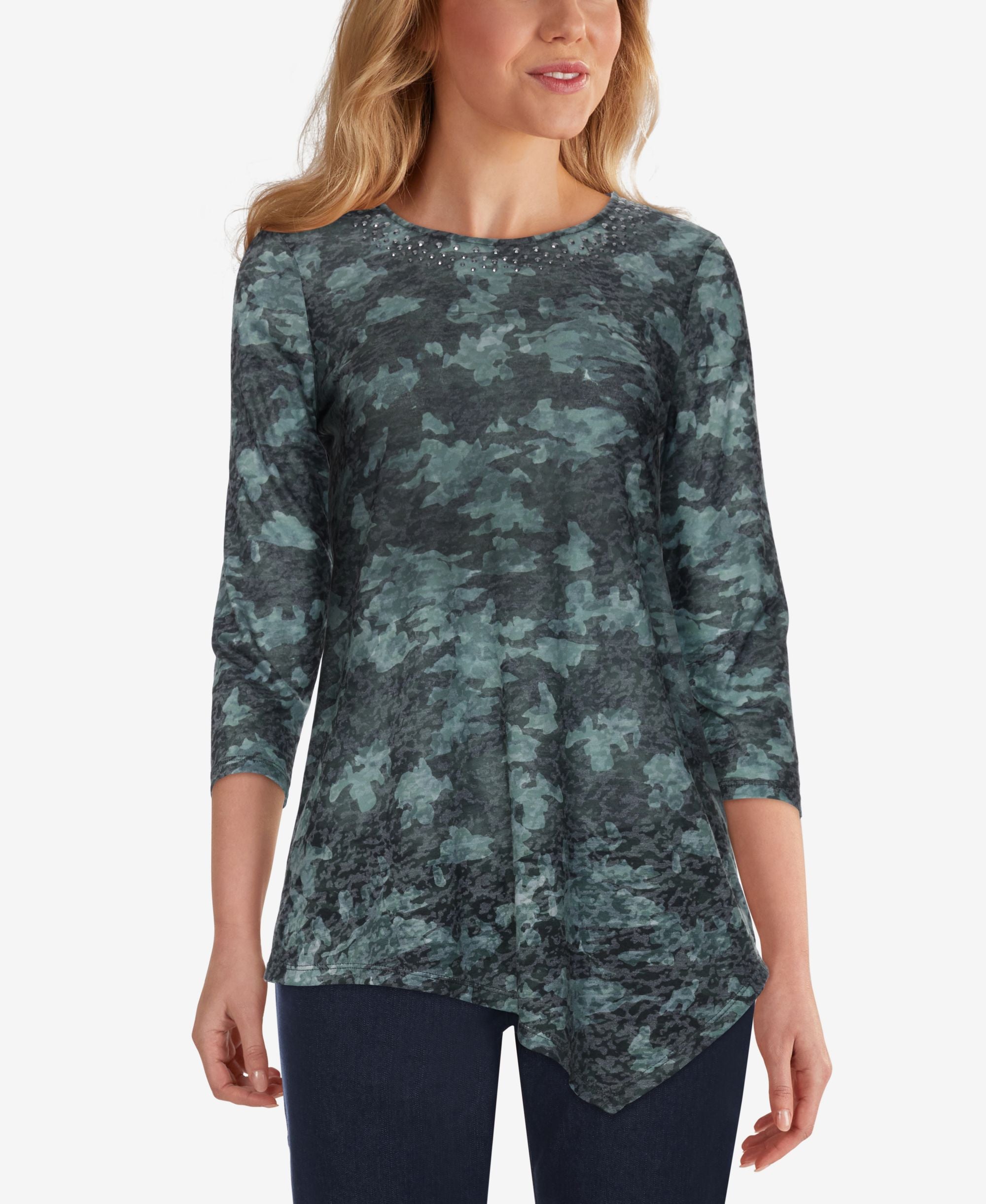 Ruby Rd. Petite Beaded Camo-Print Tunic Top