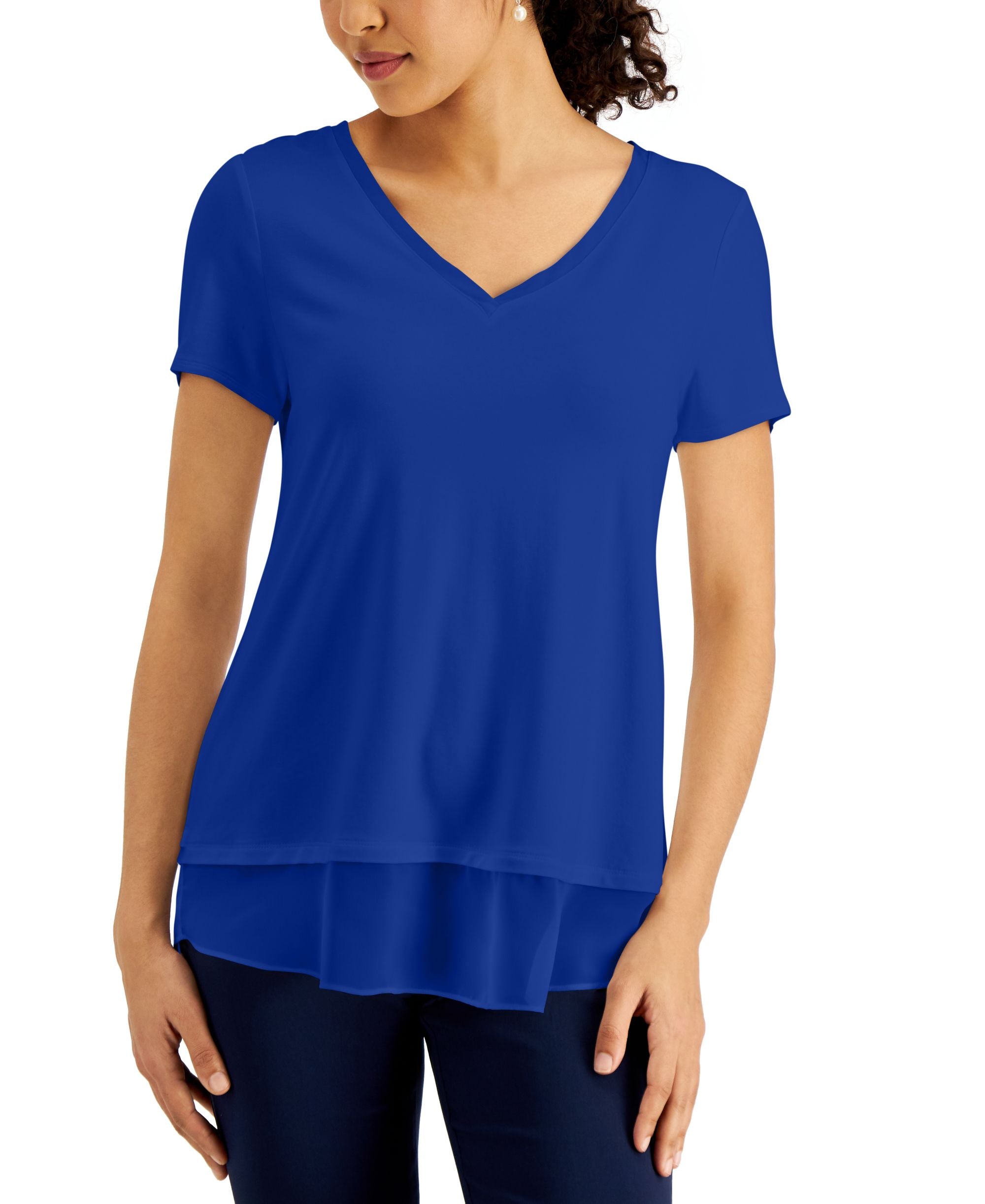 JM Collection V Neck Sheer Hem Top