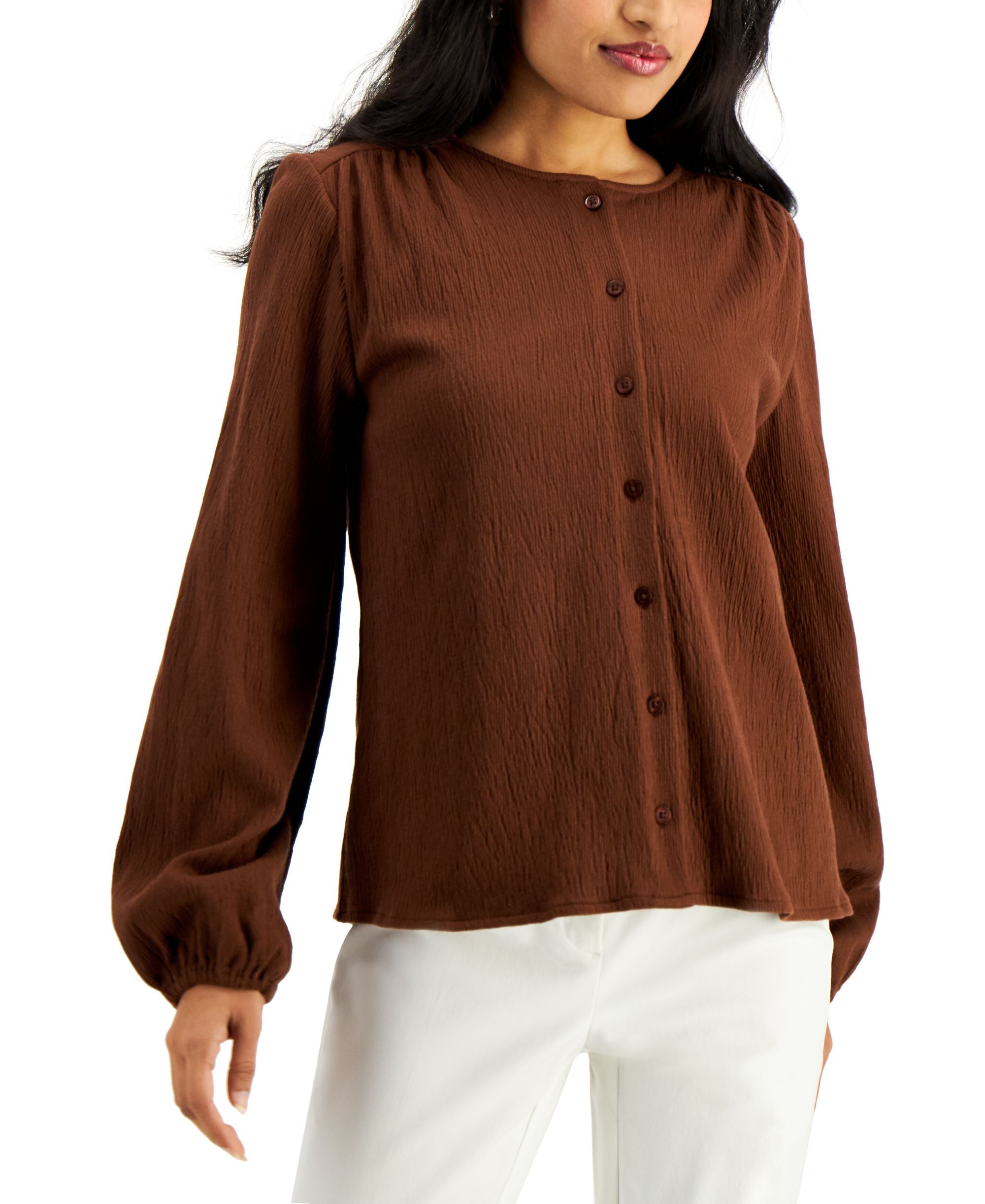 Alfani Textured Balloon-Sleeve Button-Front Top