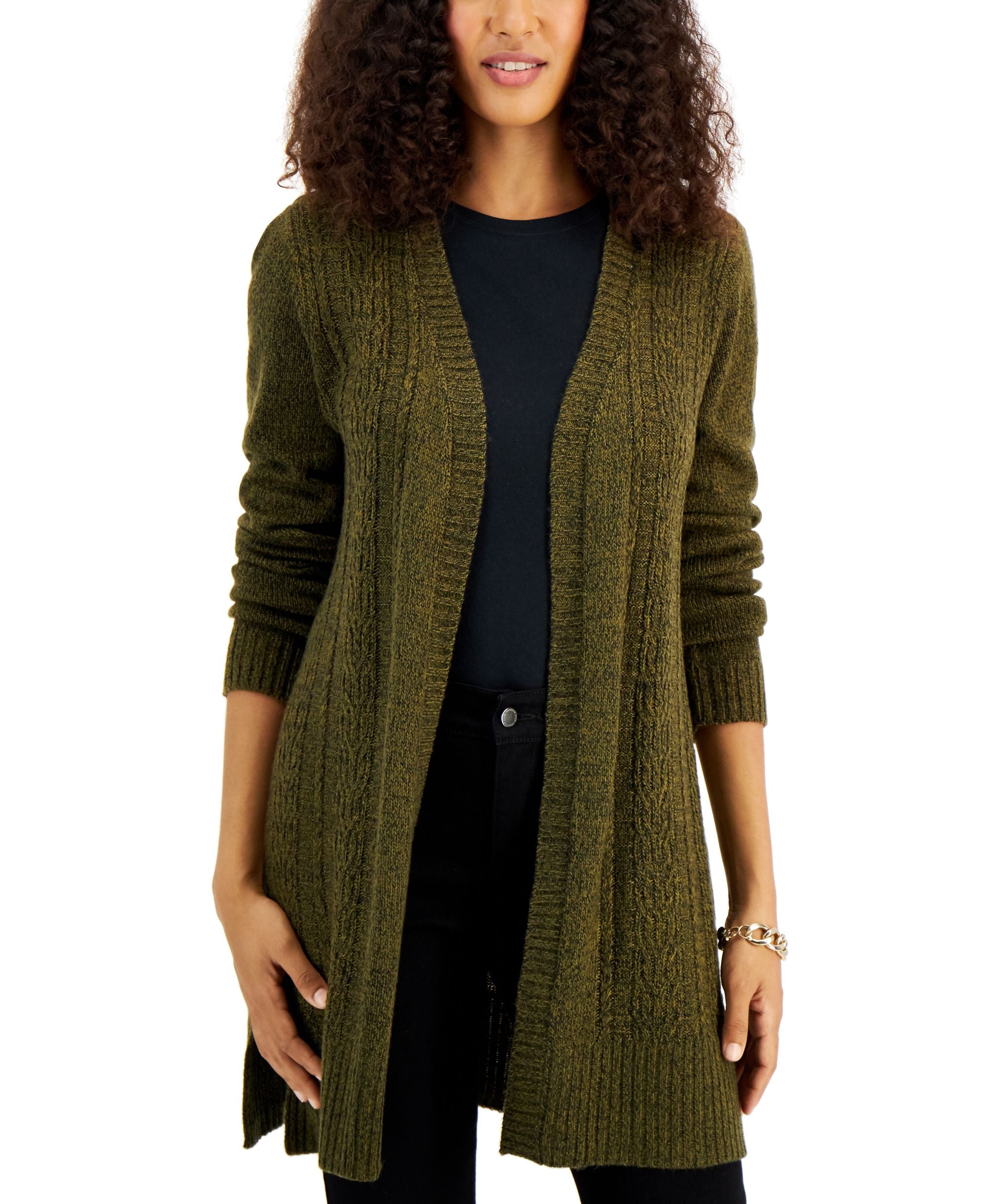 Karen Scott Open-Front Side-Slit Cardigan