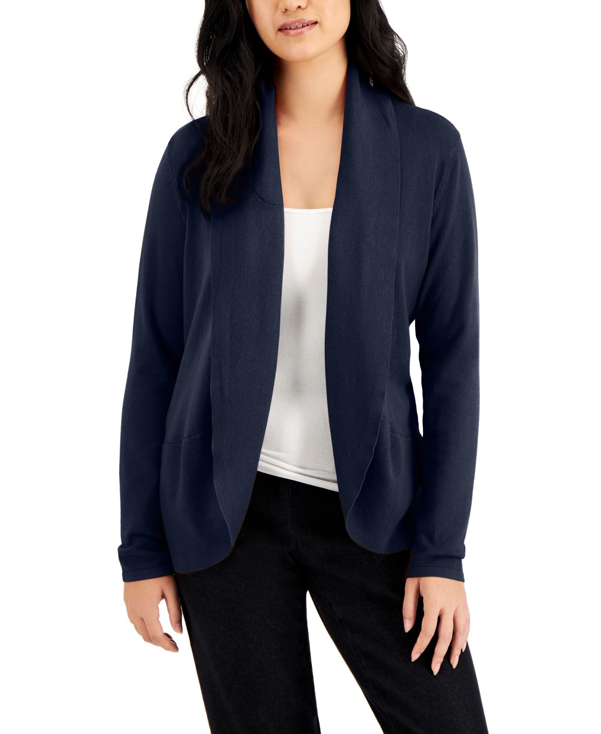 Karen Scott Shawl Collar Curved Hem Cardigan