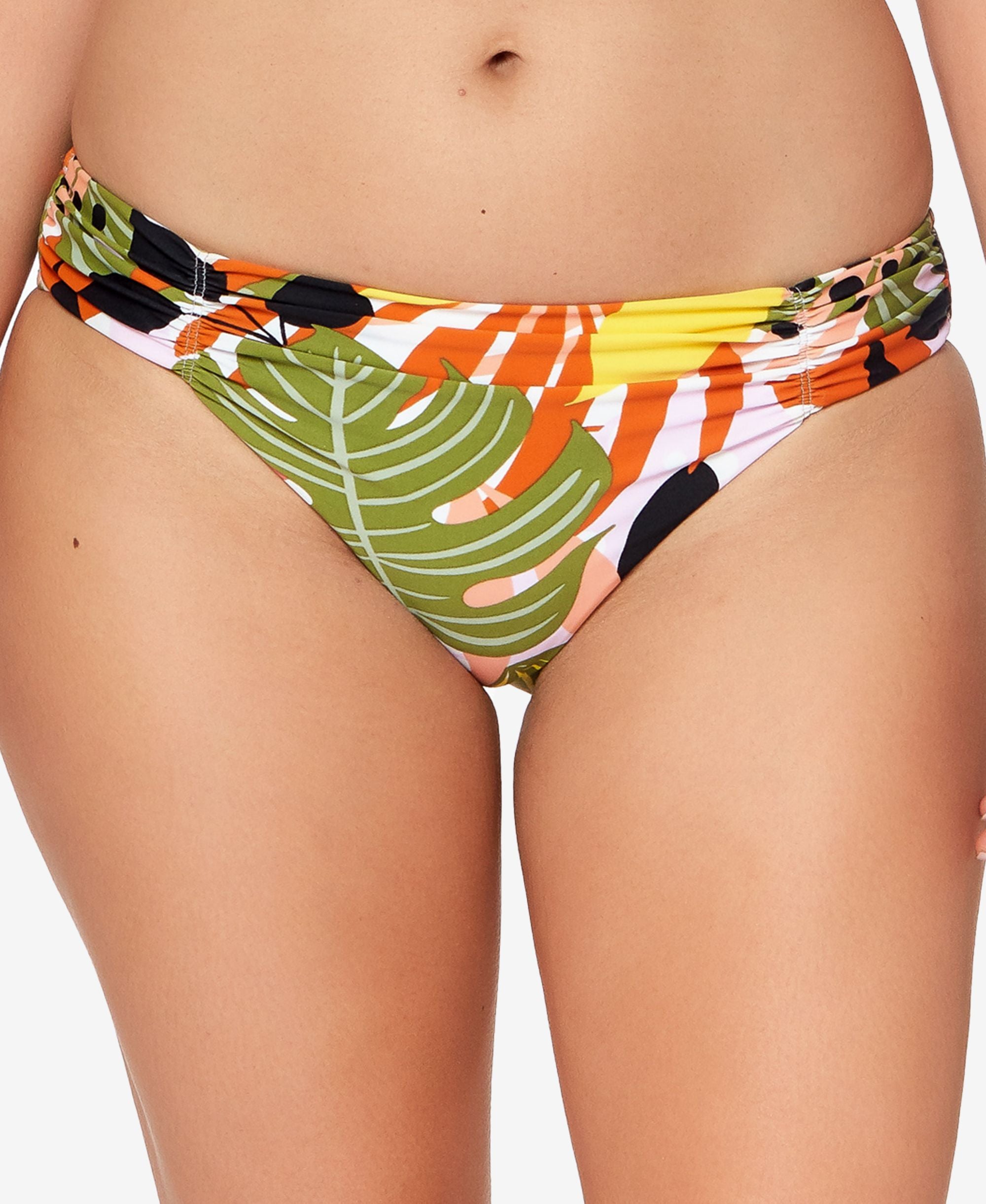 Tropical-Print Ruched Bikini Bottoms