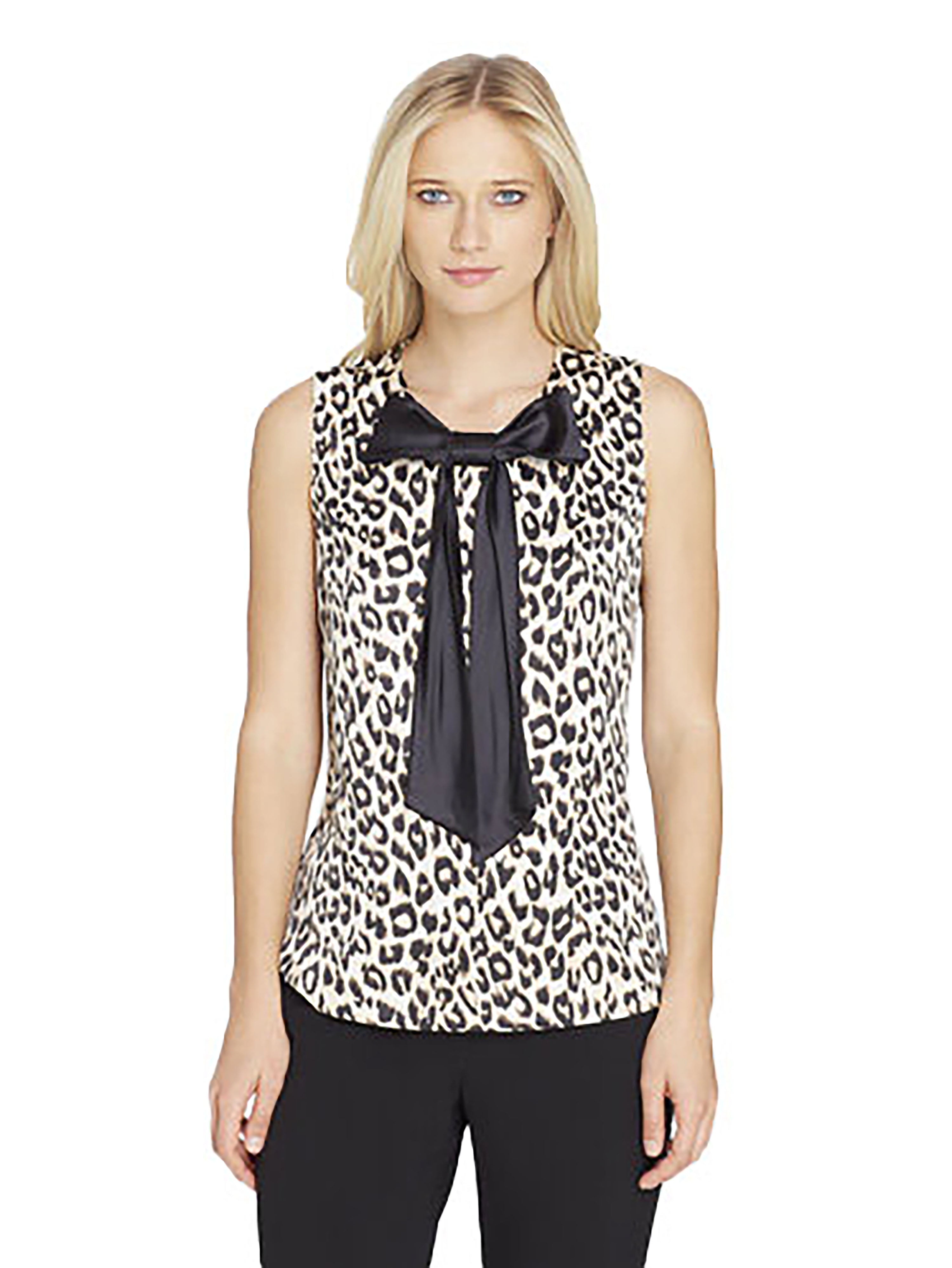 Tahari ASL Leopard-Print Charmeuse Bow Blouse Leopard Brown PM