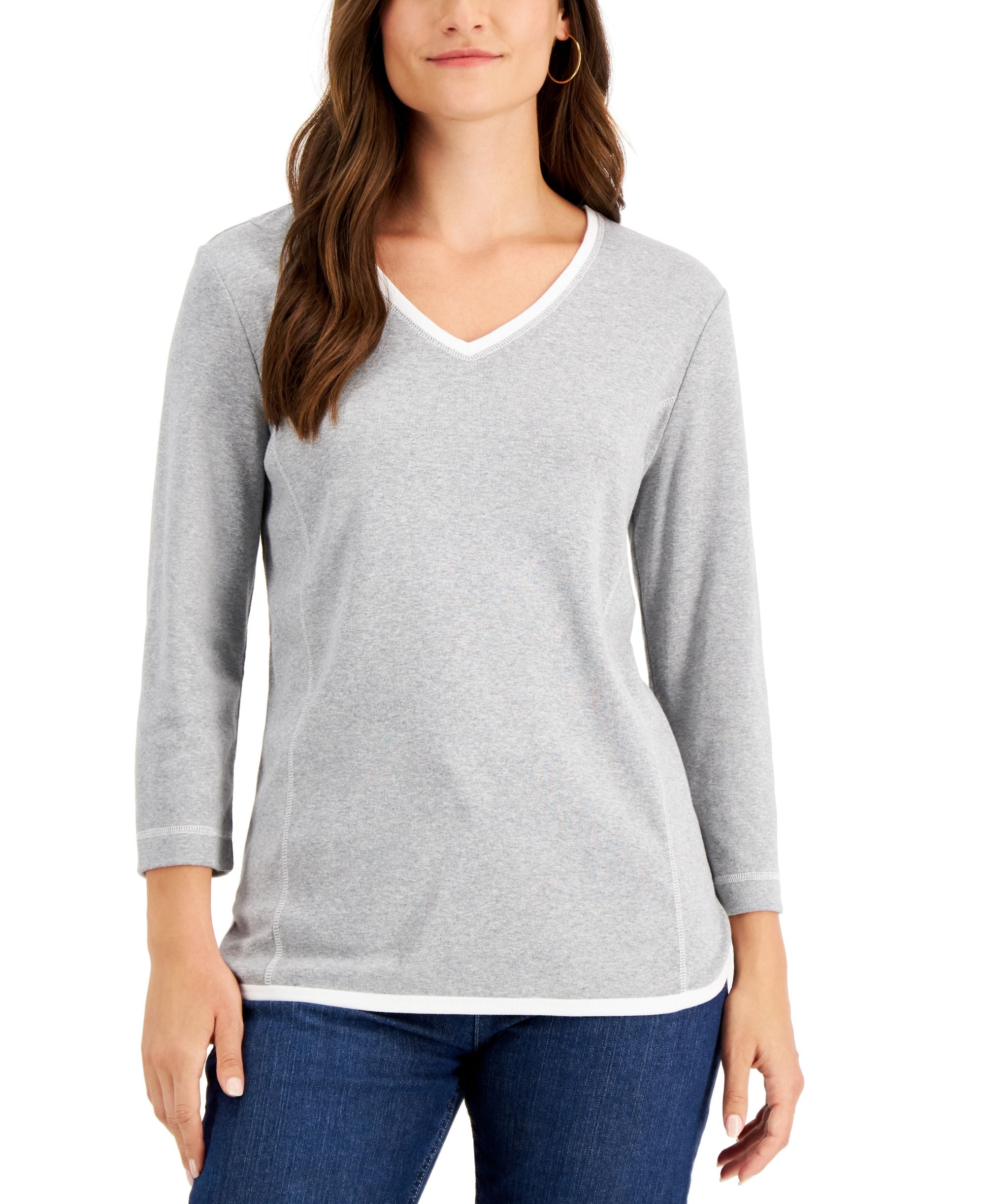 Karen Scott Contrast Trim V Neck Top