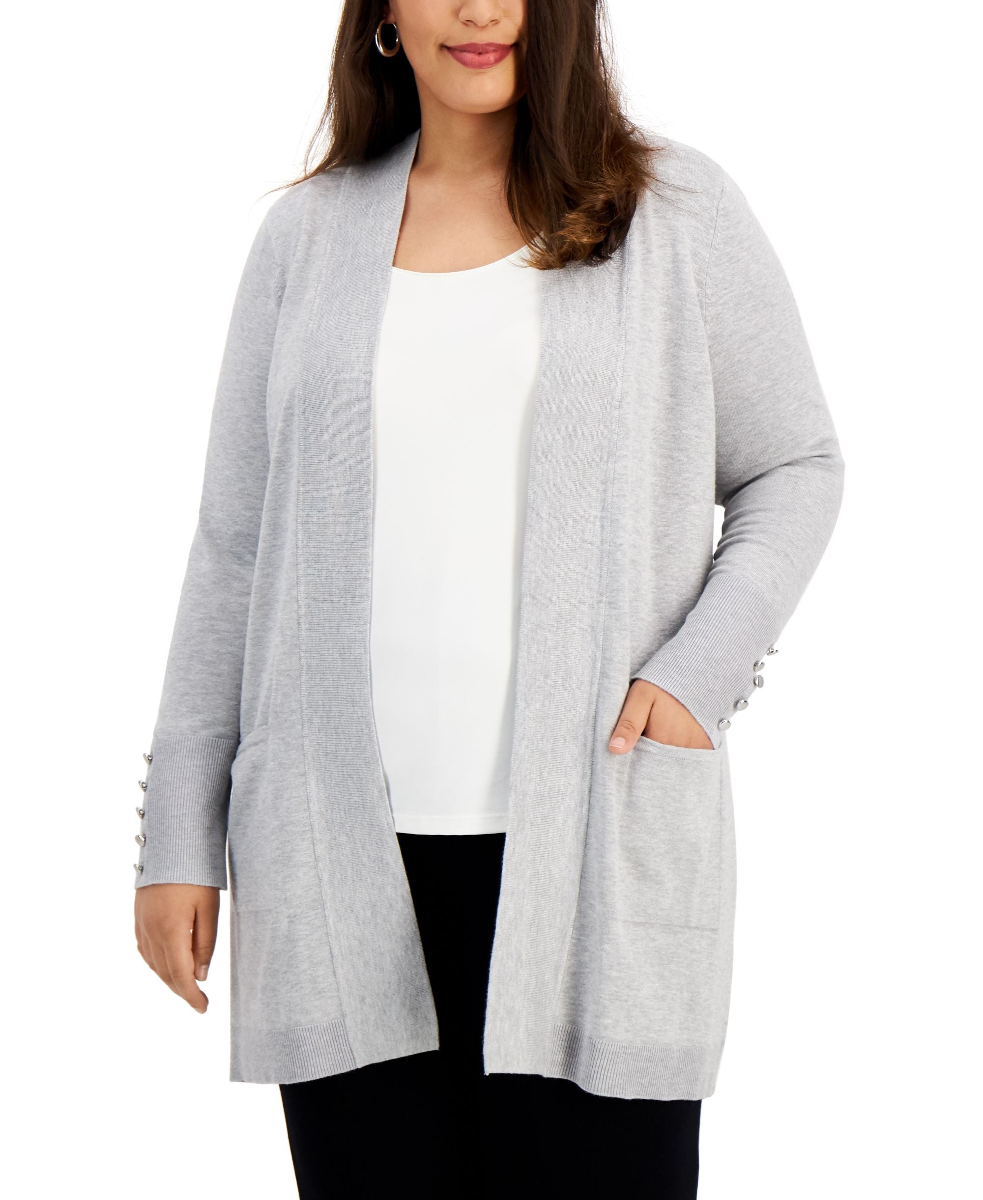 JM Collection Plus Size Button Sleeve Flyaway Cardigan Sweater