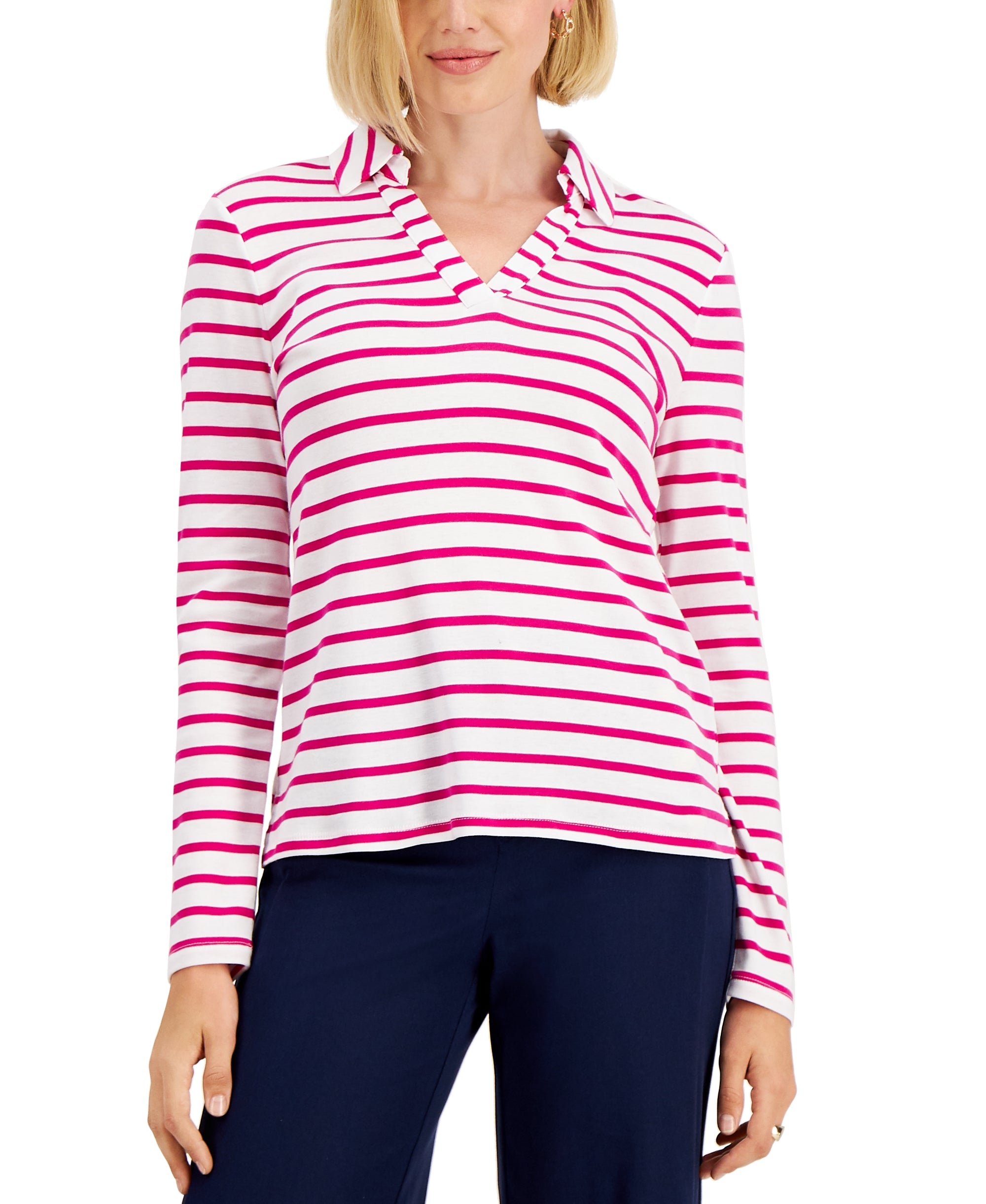 Cotton Striped Johnny Collar Long-Sleeve T-Shirt