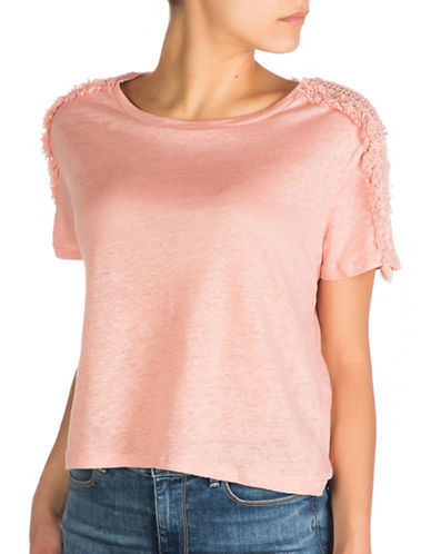 GUESS Women's Short Sleeve Lino Crochet Insert Top