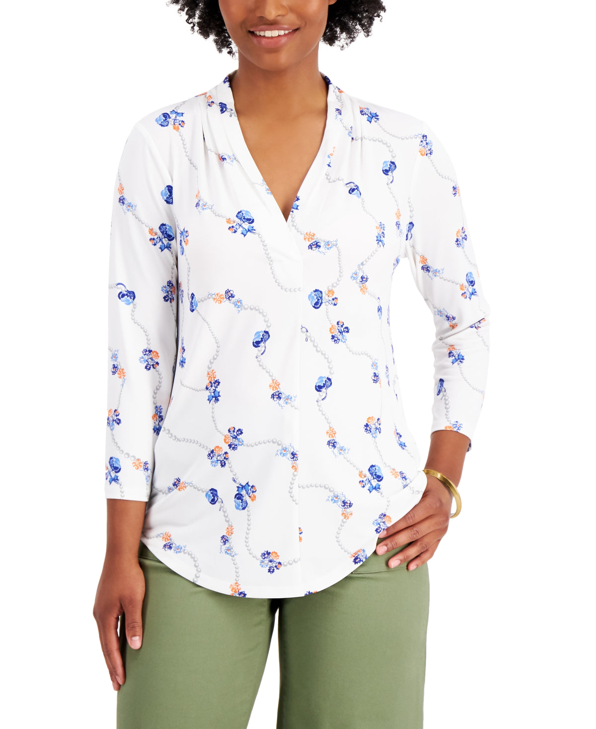 Printed Pearl Chain V-Neck Blouse