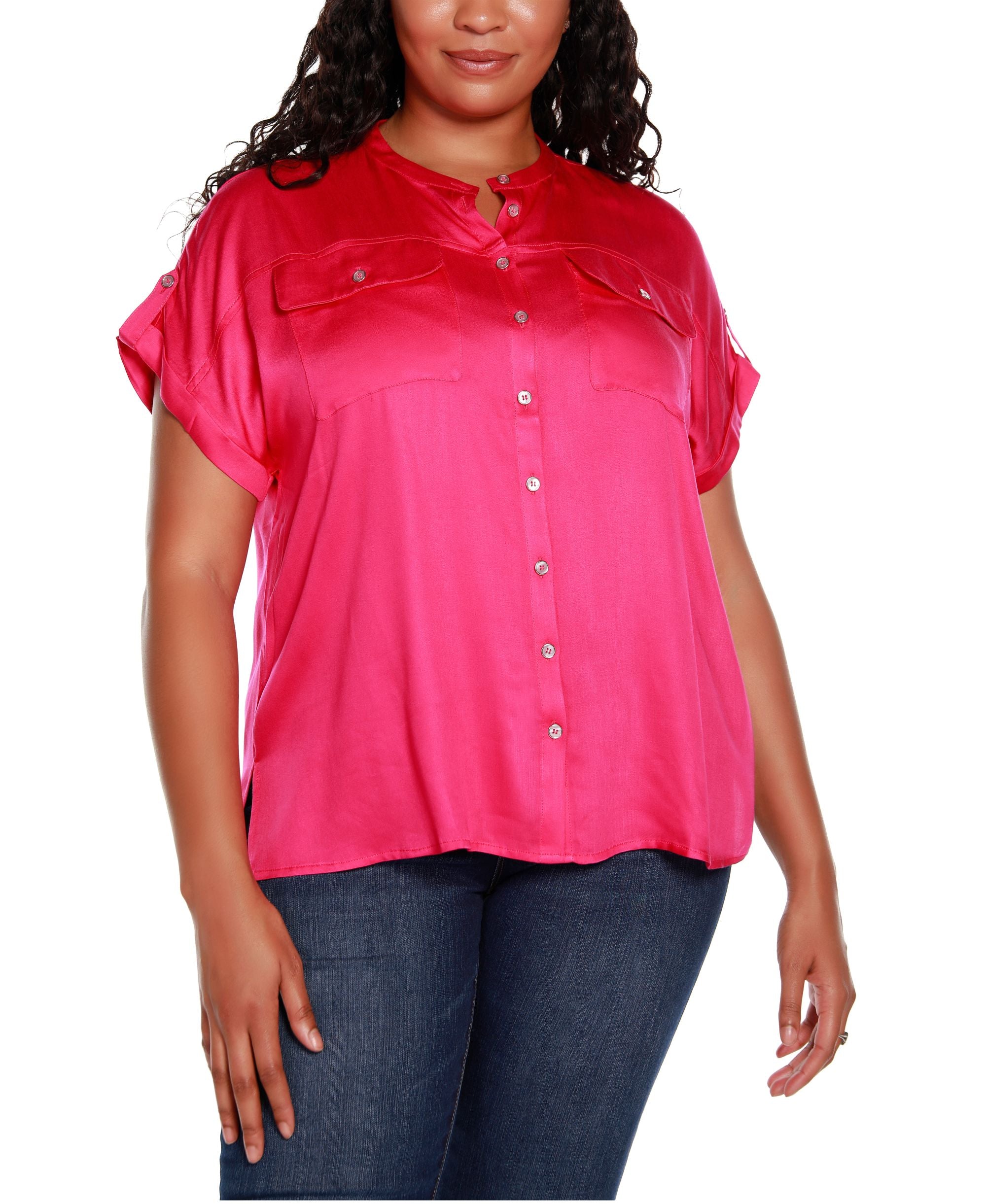 Belldini Black Label Plus Size Short Sleeve Button Up Top with Front Pockets