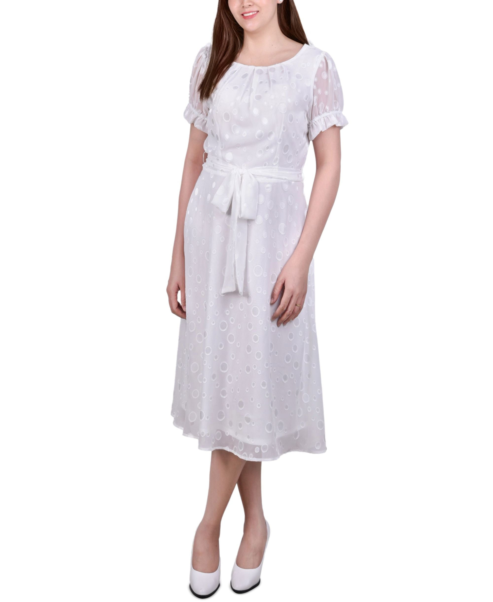 Petite Short Sleeve Belted Swiss Dot Dress