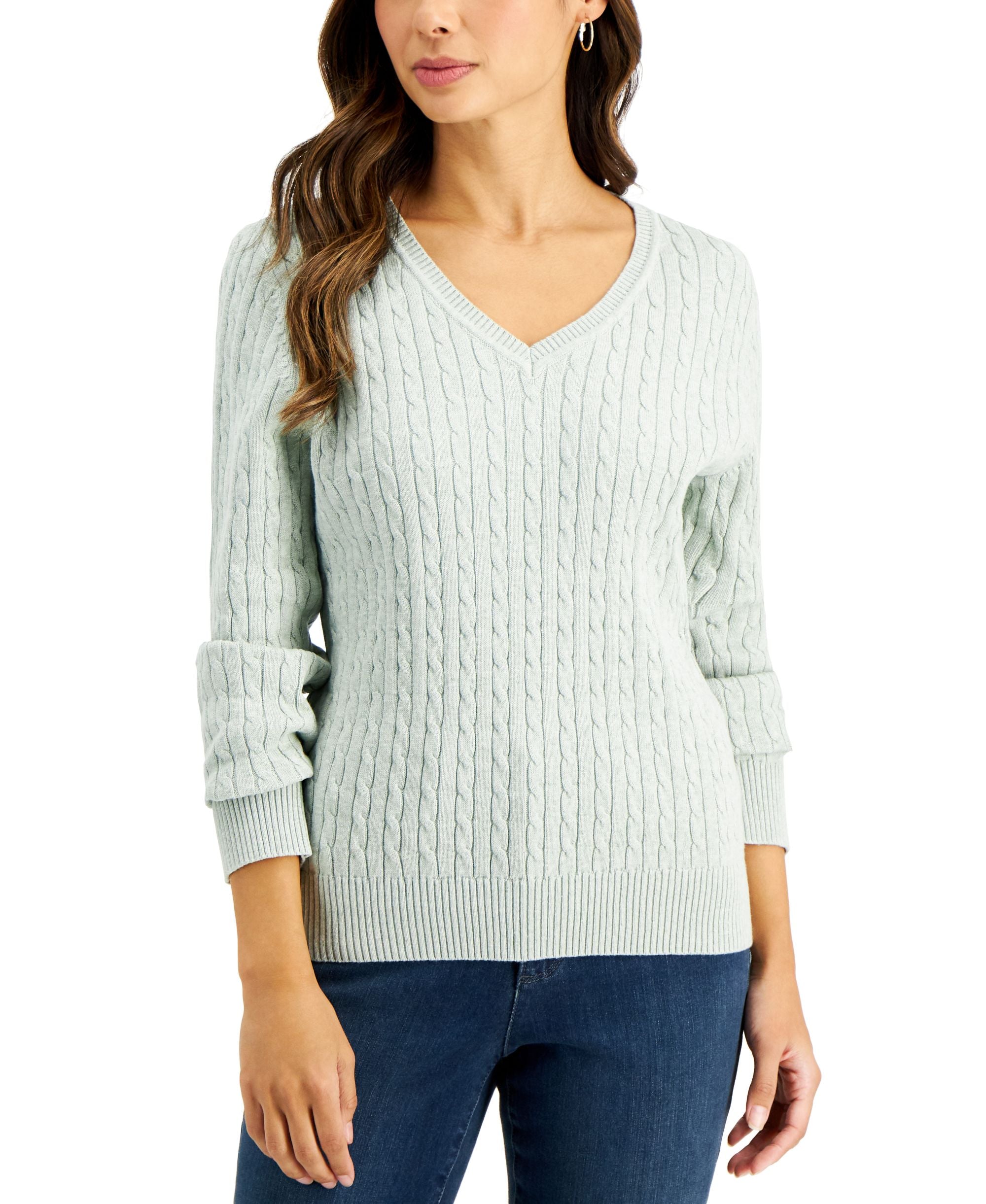 Karen Scott Cable Knit V Neck Cotton Sweater