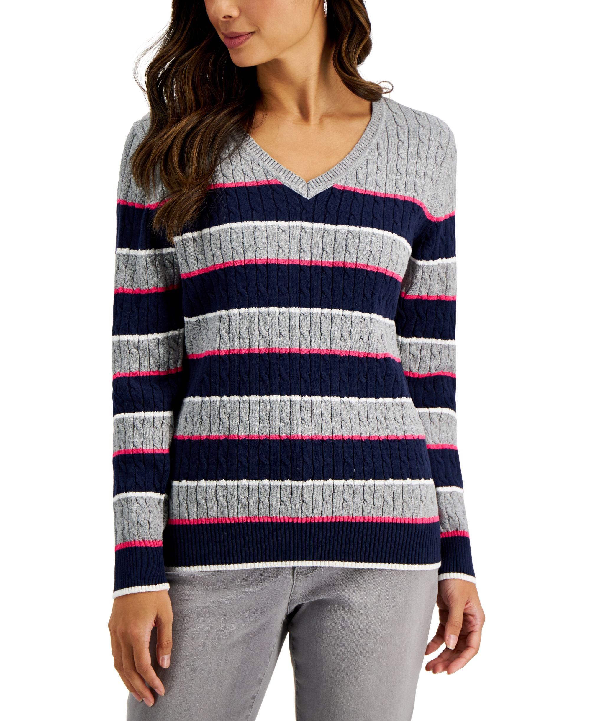 Karen Scott Gianna Cotton Striped Cable V Neck Sweater