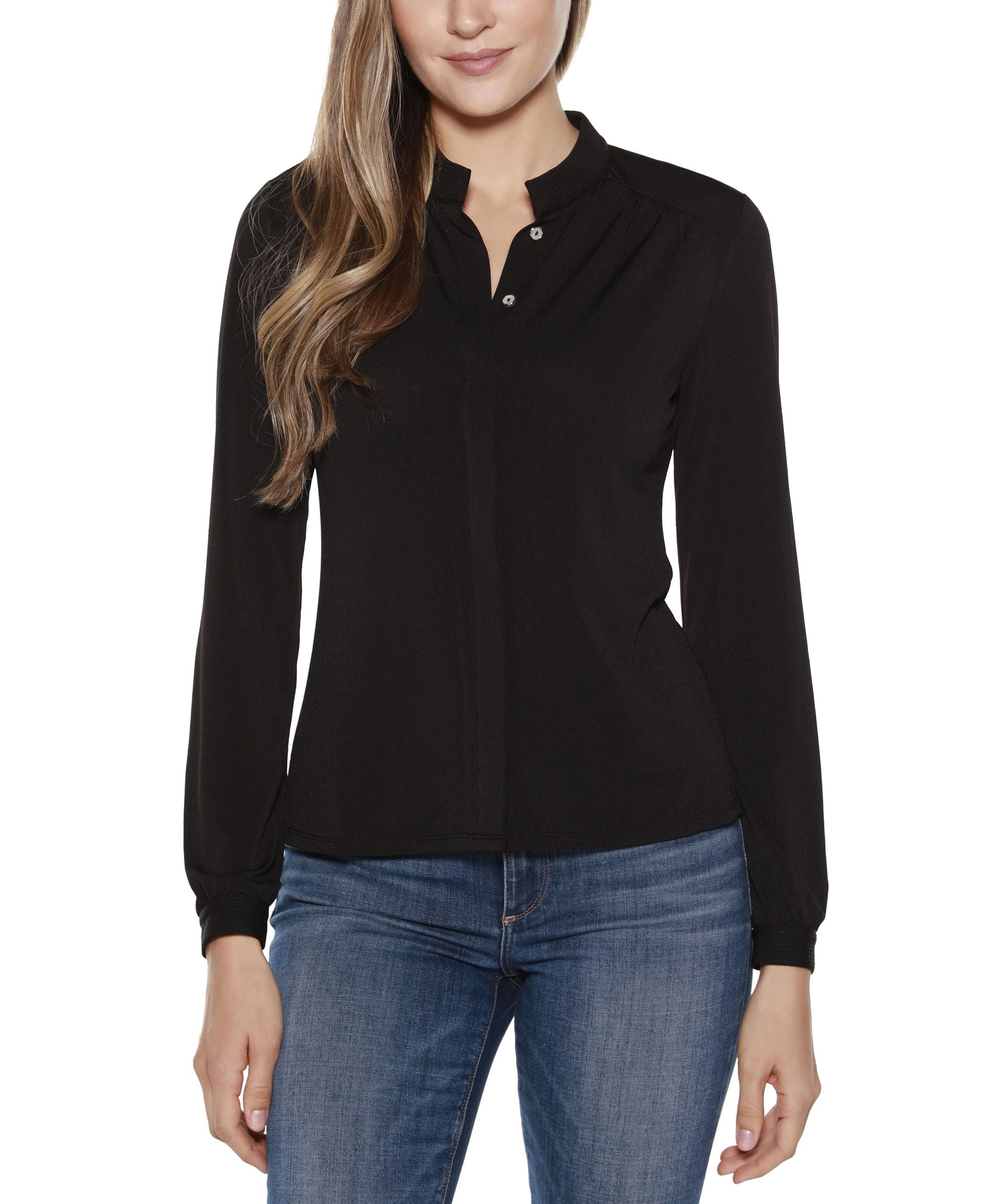 Belldini Black Label Mandarin Collar Button Front Blouse Top