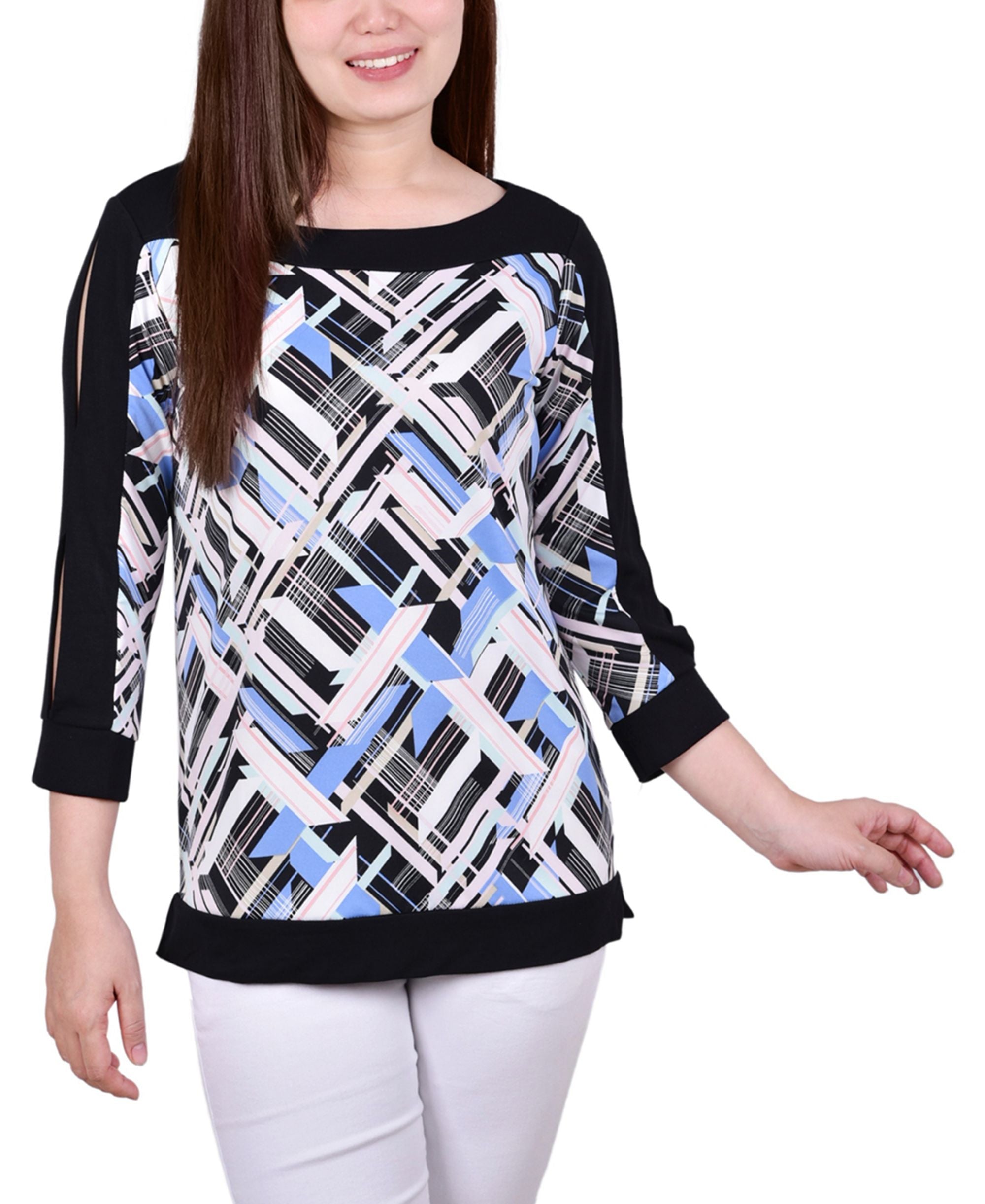 NY Collection Petite Contrast Band Tunic With Sleeve Cut Outs