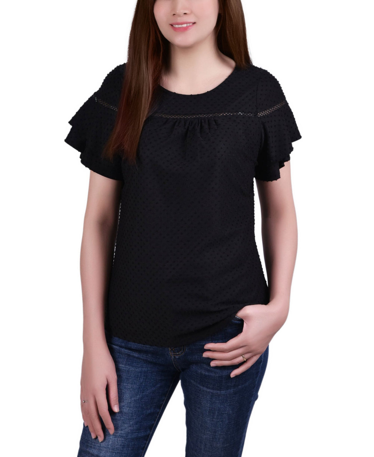 Petite Short Double Flutter Sleeve Swiss Dot Top