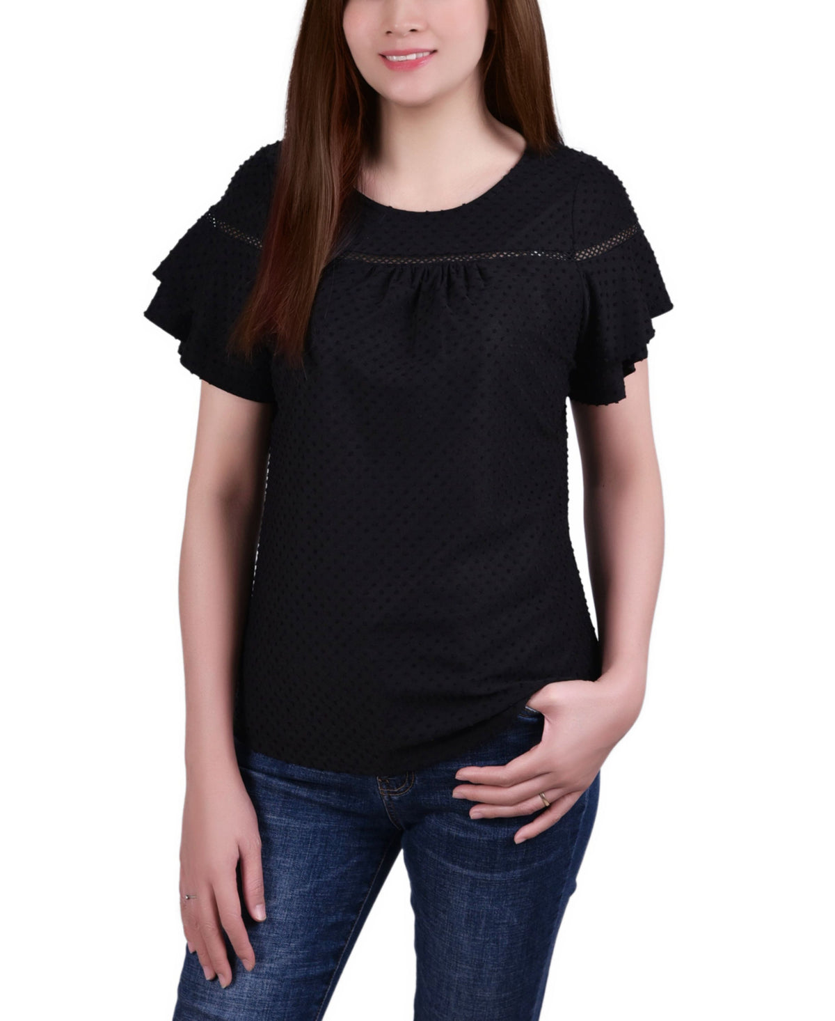 Petite Short Double Flutter Sleeve Swiss Dot Top