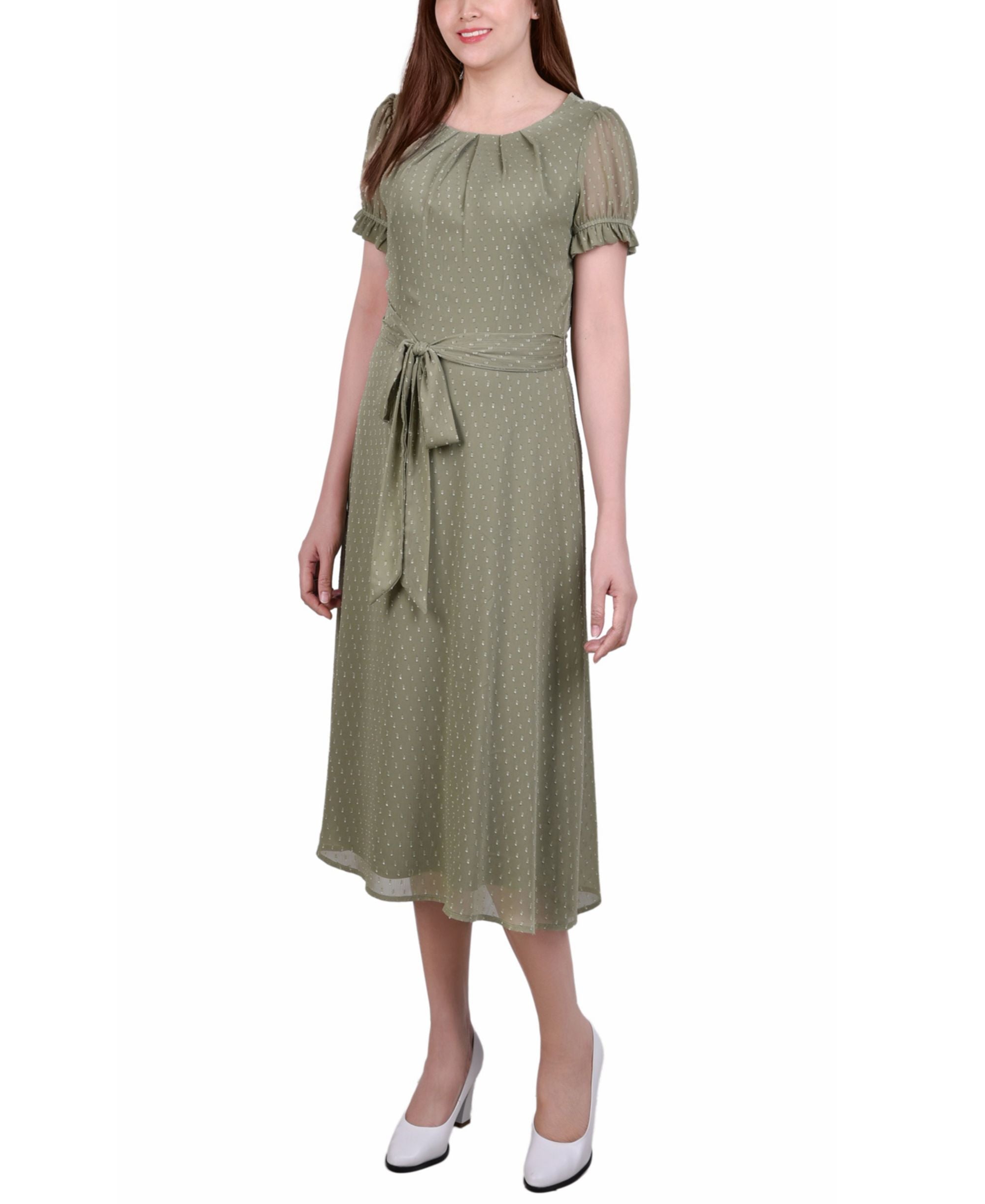 Petite Short Sleeve Belted Swiss Dot Dress