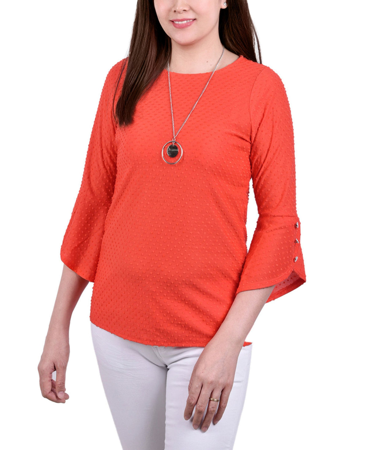 NY Collection Petite 3/4 Tulip Sleeve Top With Necklace