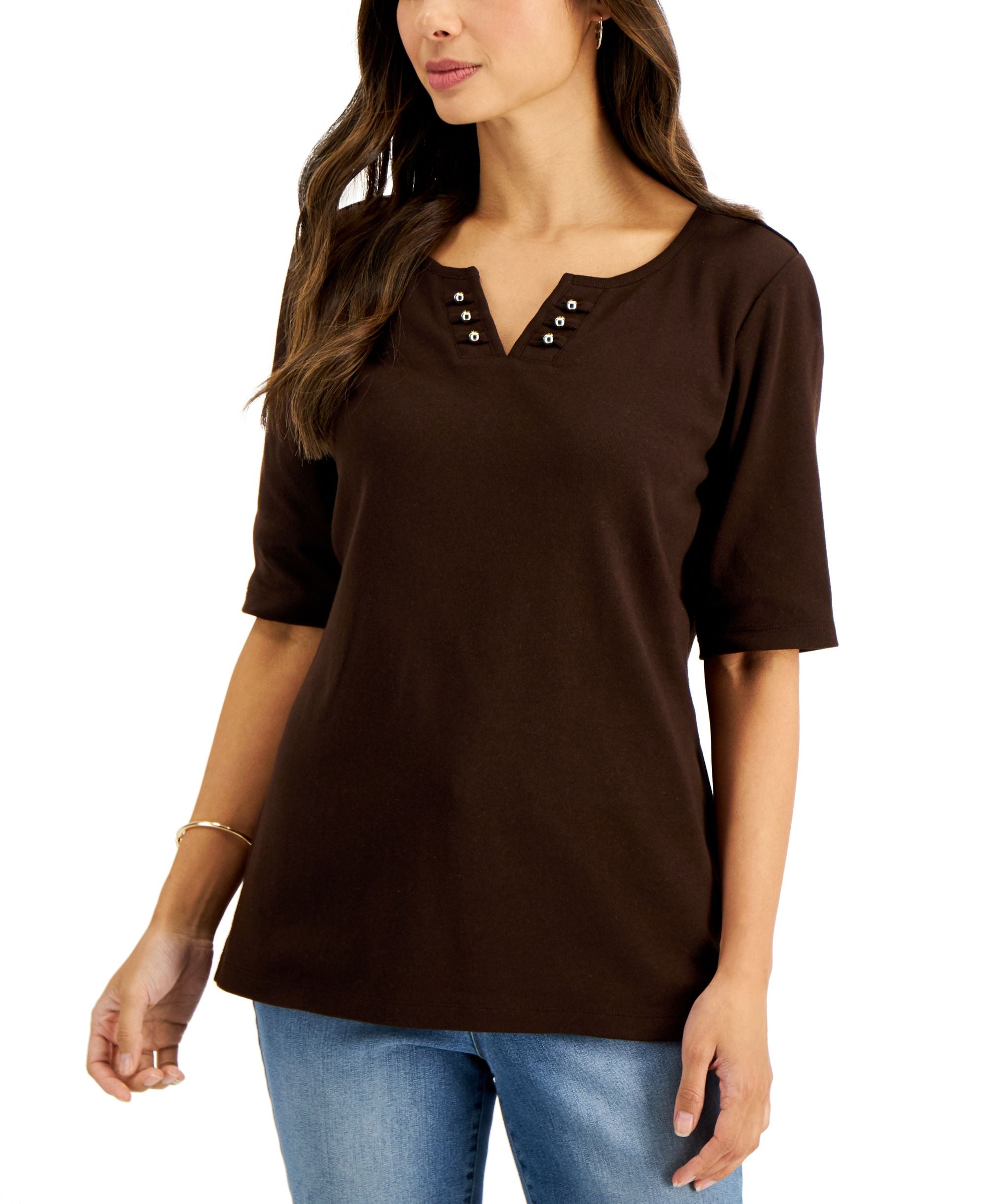 Karen Scott Cotton Beaded Split Neck Top