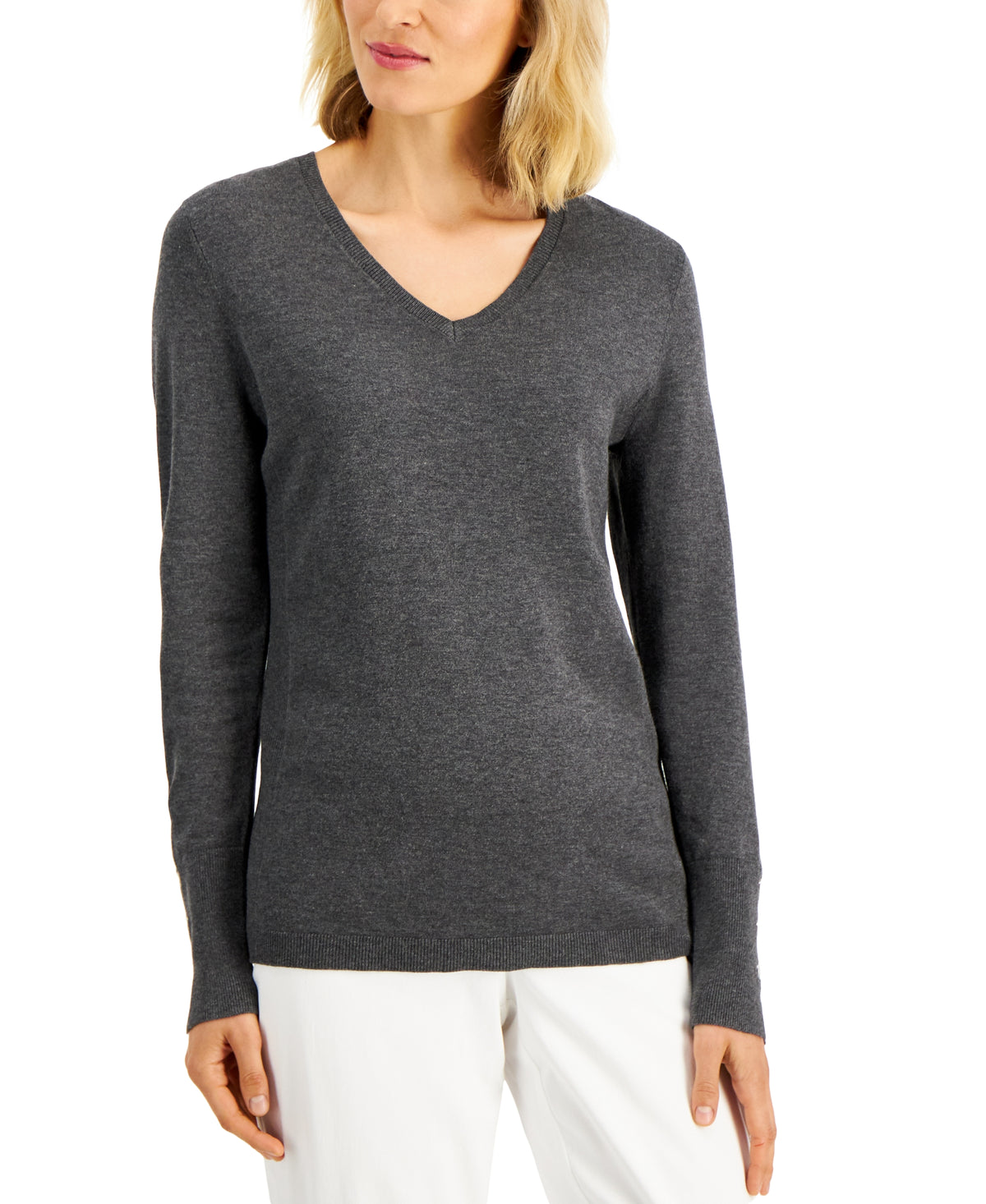 Petite Rivet-Detail V-Neck Sweater