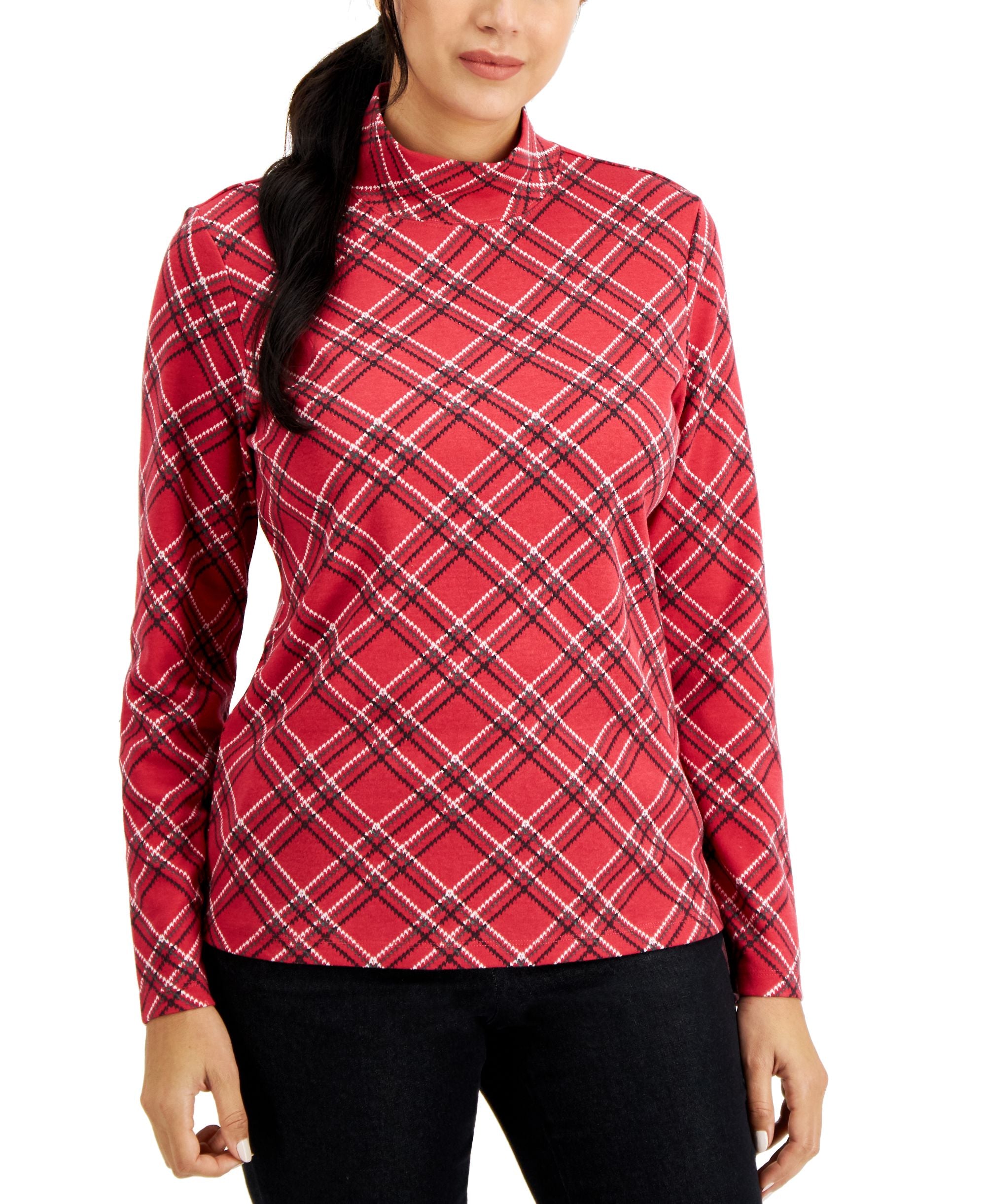 Karen Scott Petite Houndstooth Plaid Mock Neck Top