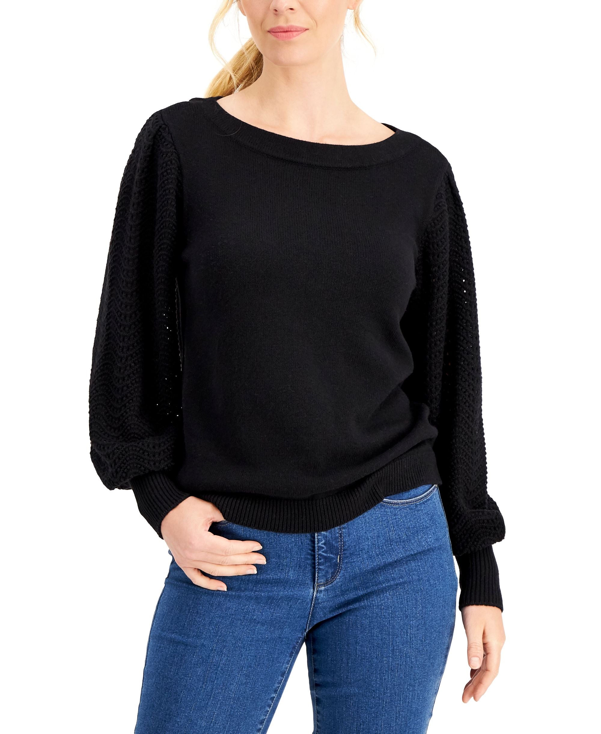 Charter Club Petite Pointelle Puff Sleeve Sweater