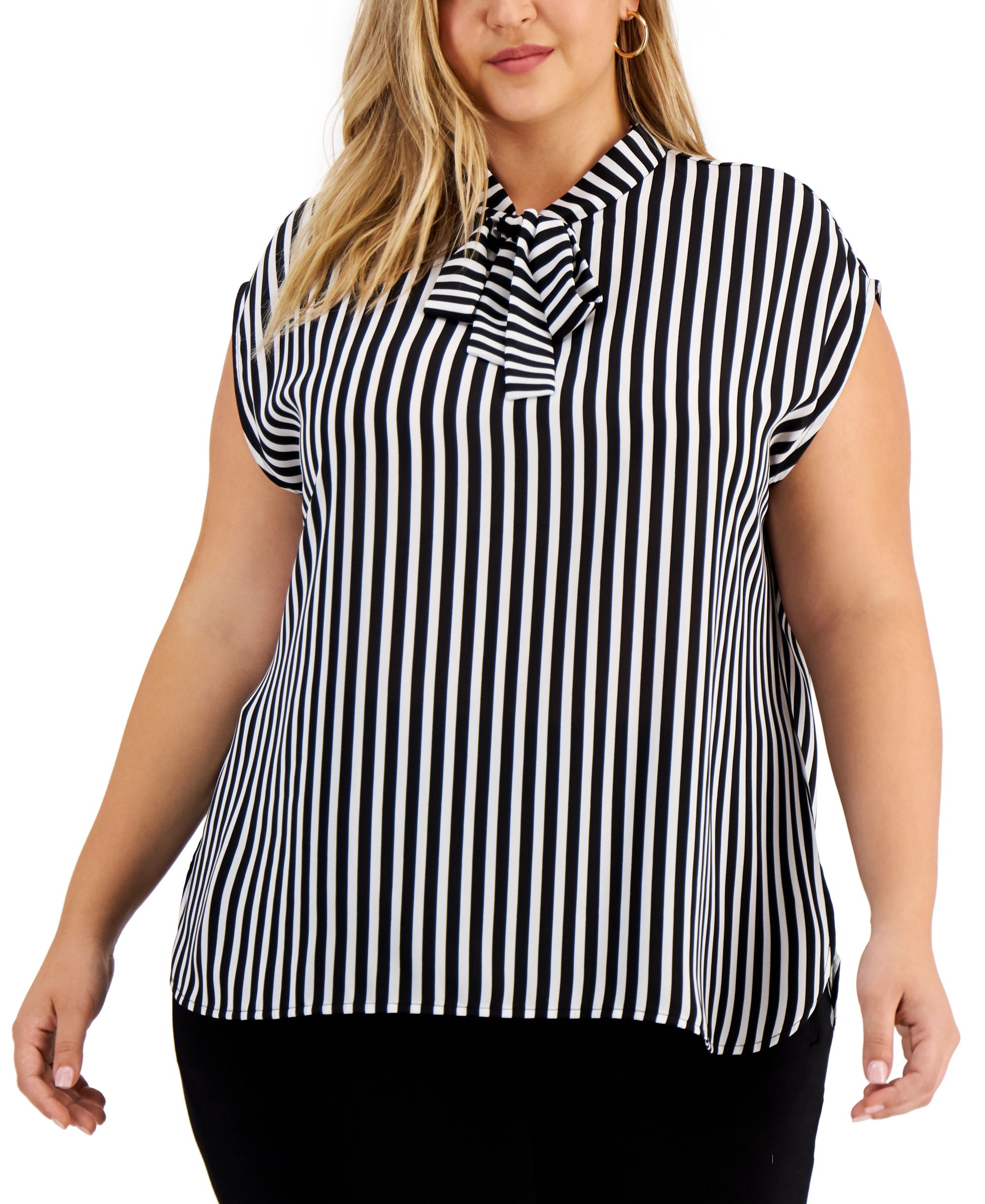 Trendy Plus Size Tie-Neck Striped Top