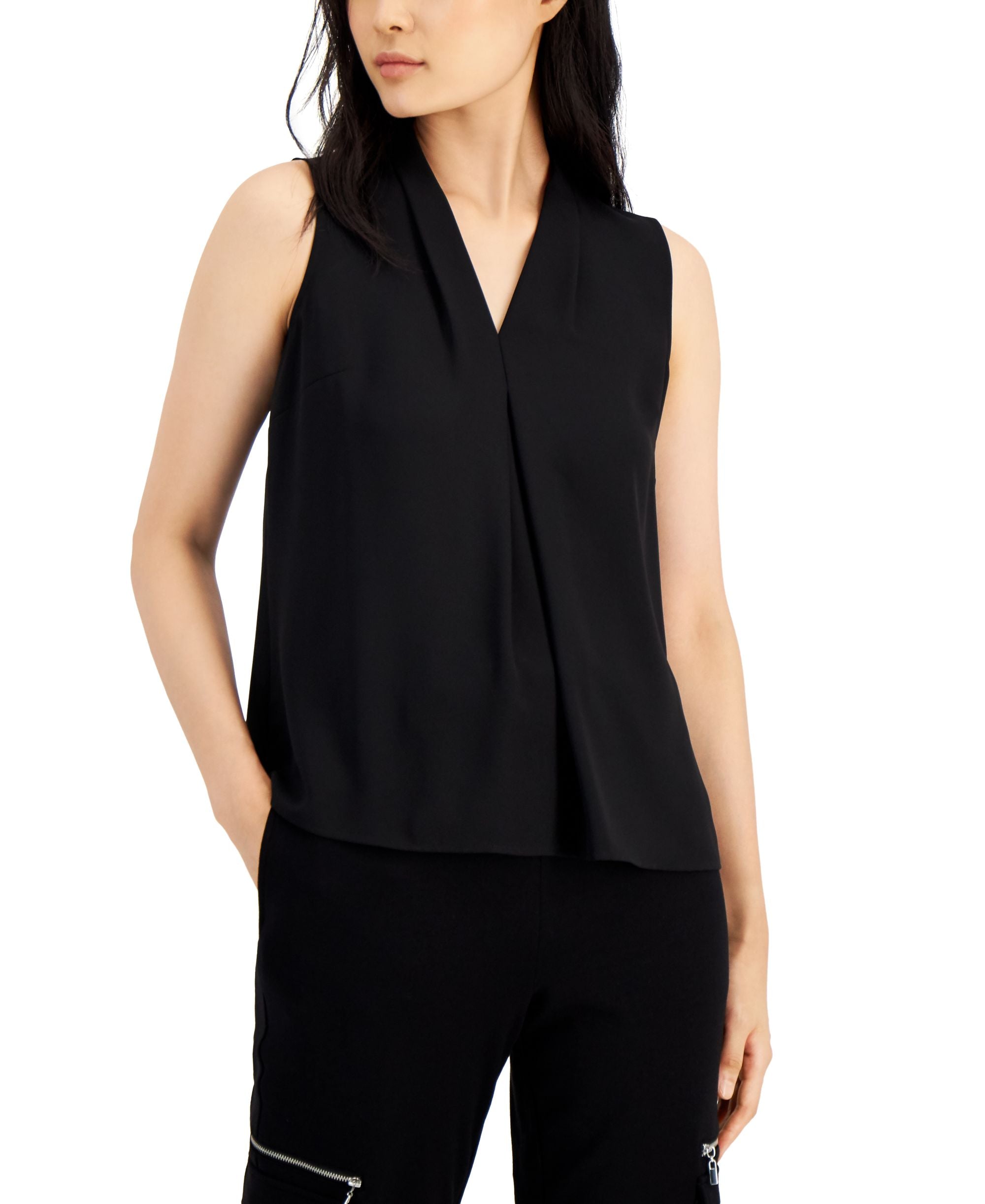 Women's Sleeveless Pleat V-Neck Top