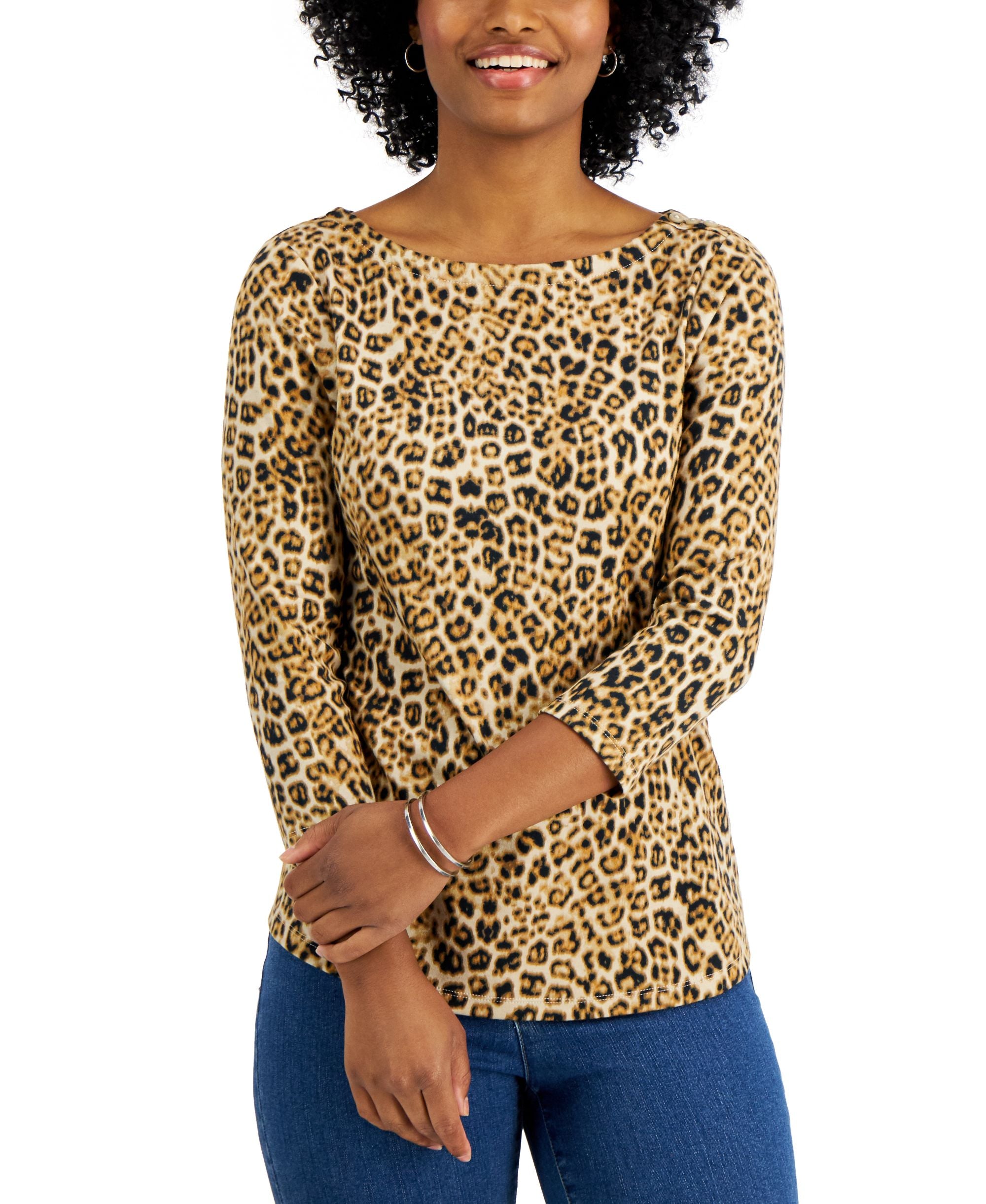 Charter Club Petite Printed 3/4 Sleeve Cotton Top