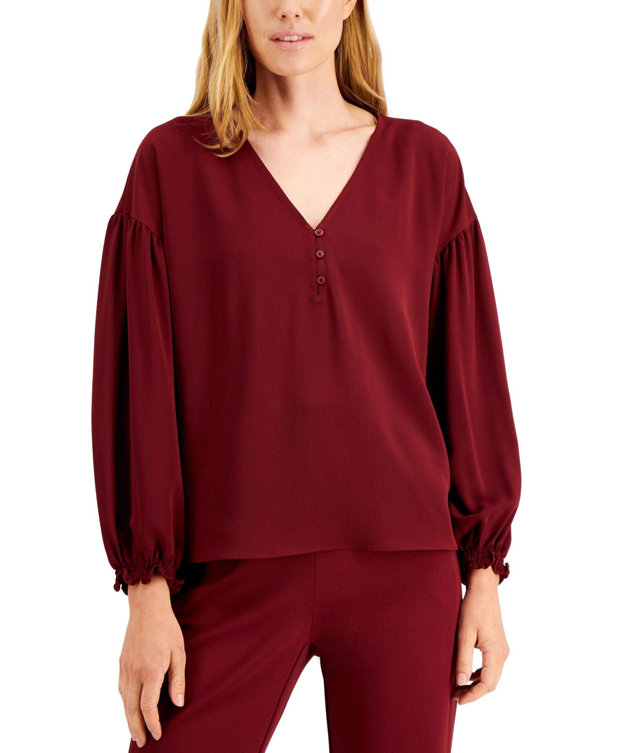 Alfani Petite Solid V Neck Volume Sleeve Blouse