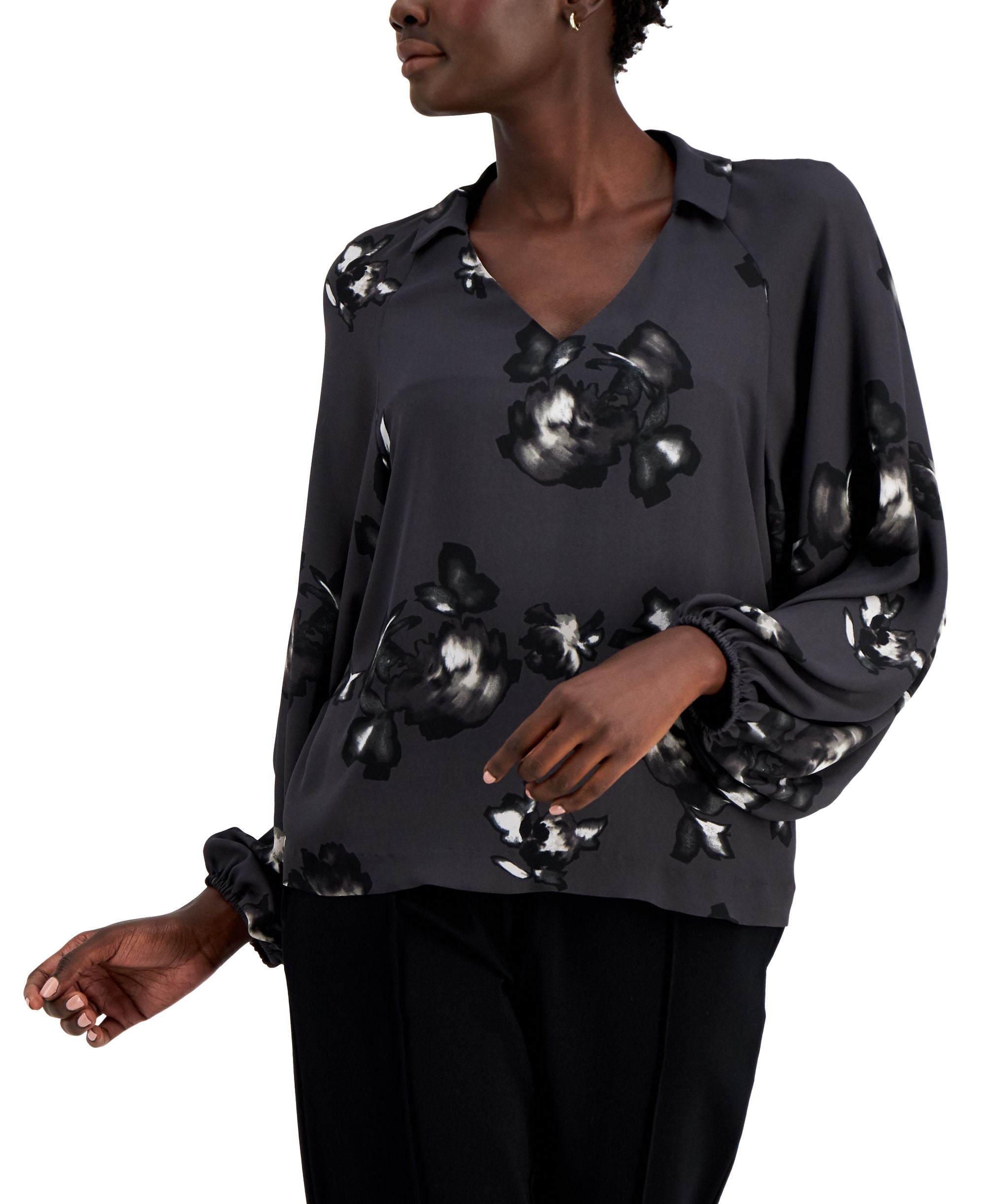 Alfani Floral Printed V Neck Collared Top
