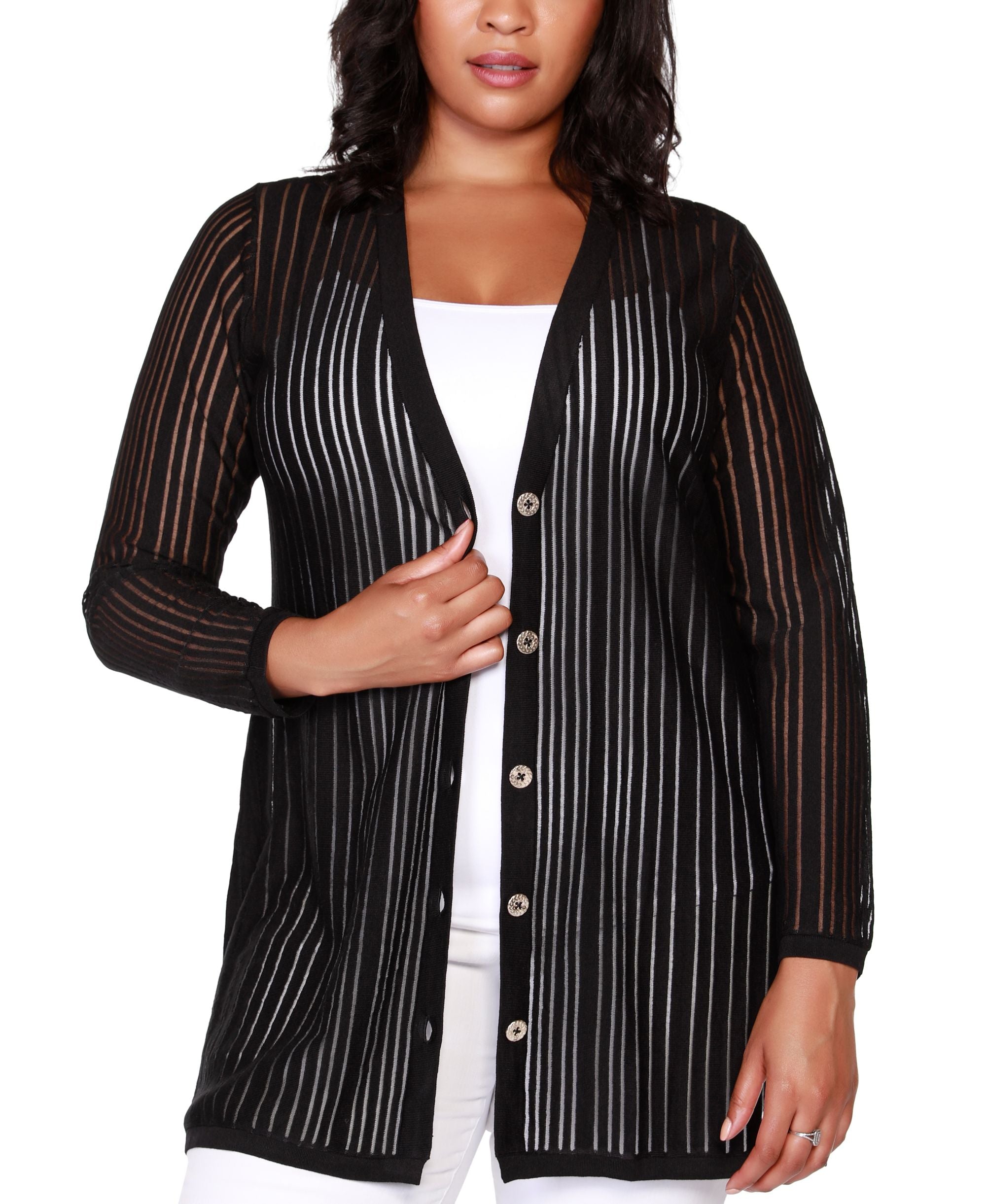 Belldini Black Label Plus Size Striped Long Sleeve Button Front Cardigan