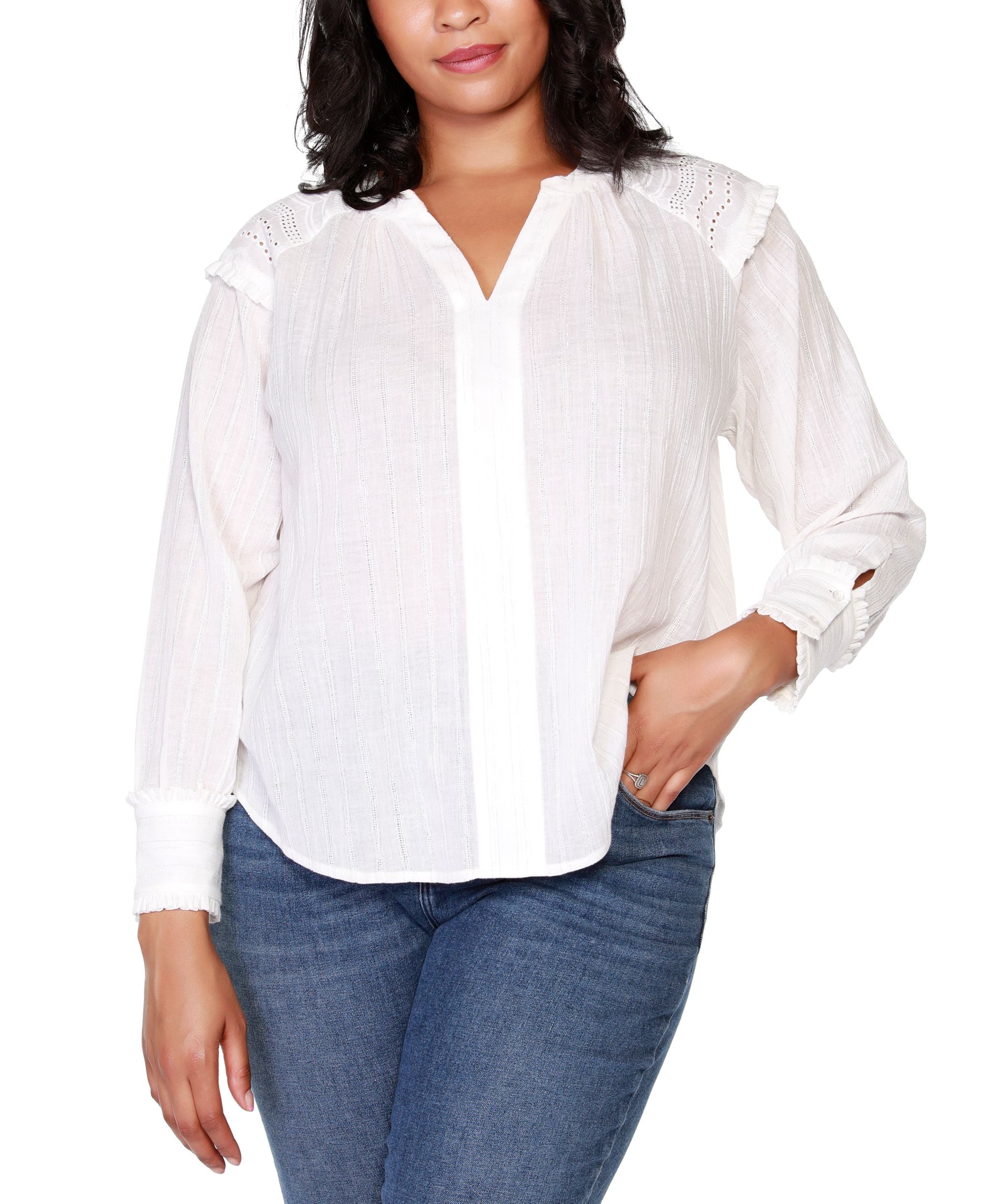 Belldini Black Label Plus Size Long Sleeve Top with Lace and Ruffle Trim