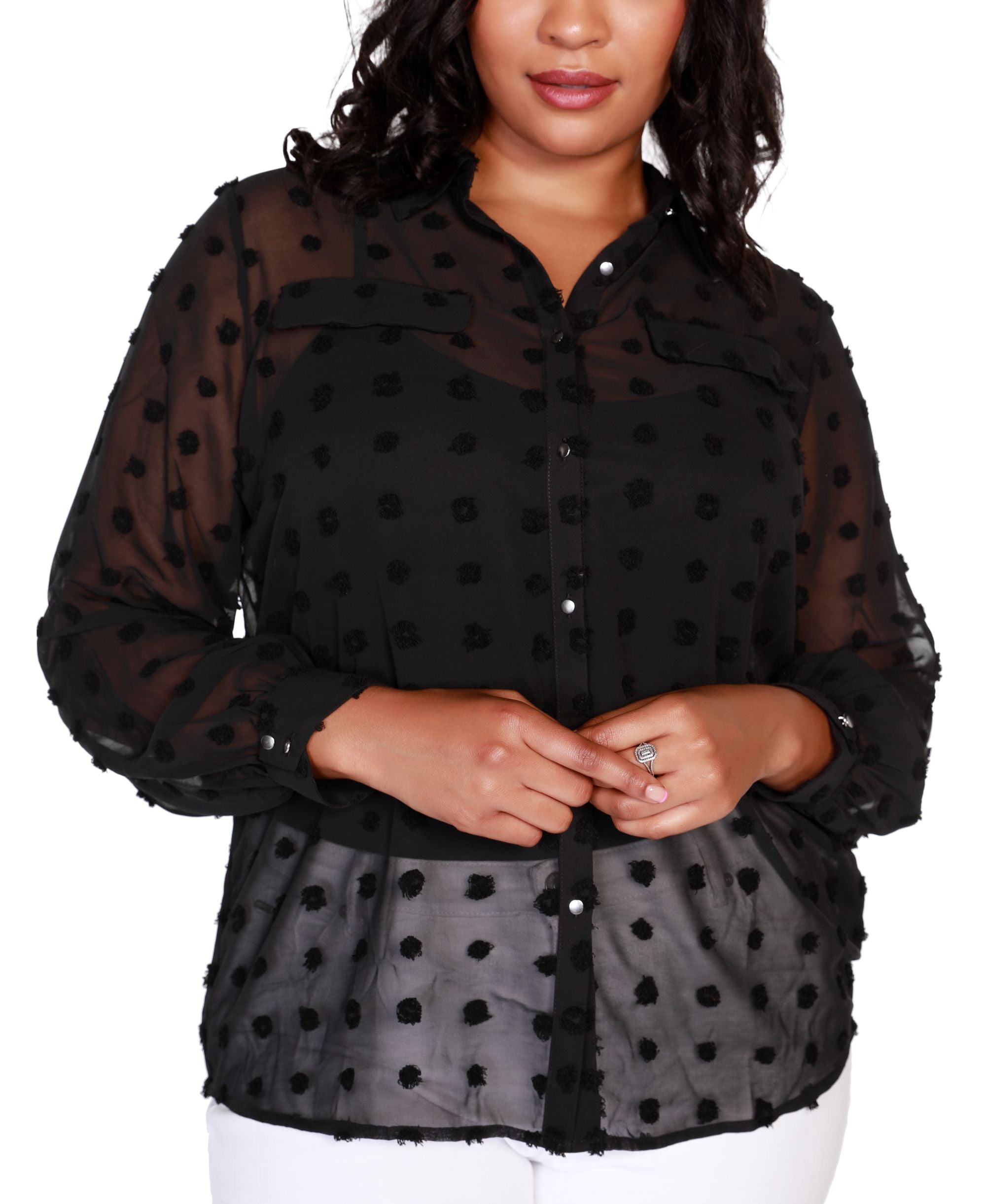 Belldini Black Label Plus Size Button-Front Clip-Dot Blouse
