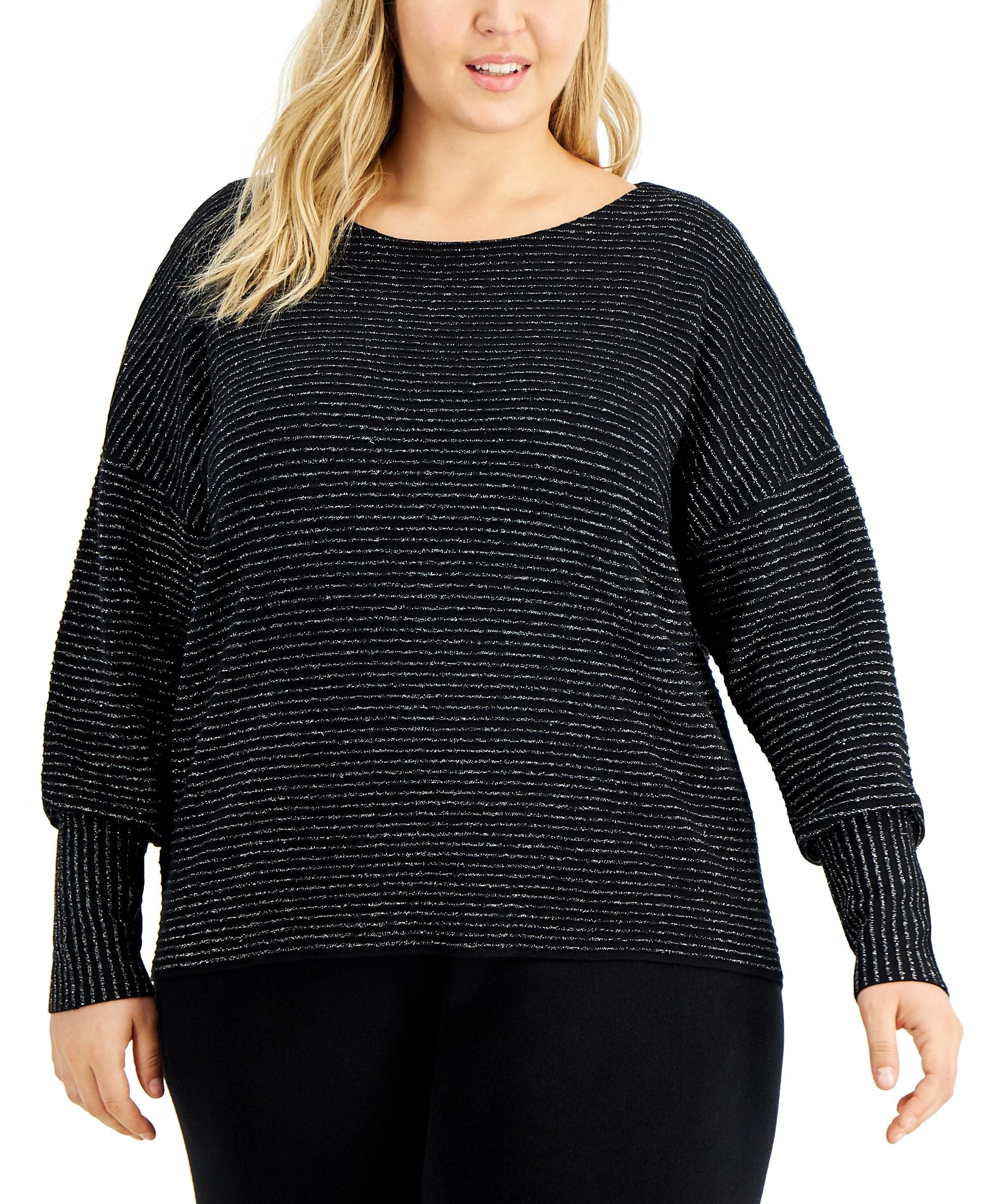Alfani Plus Size Striped Lurex Sweater