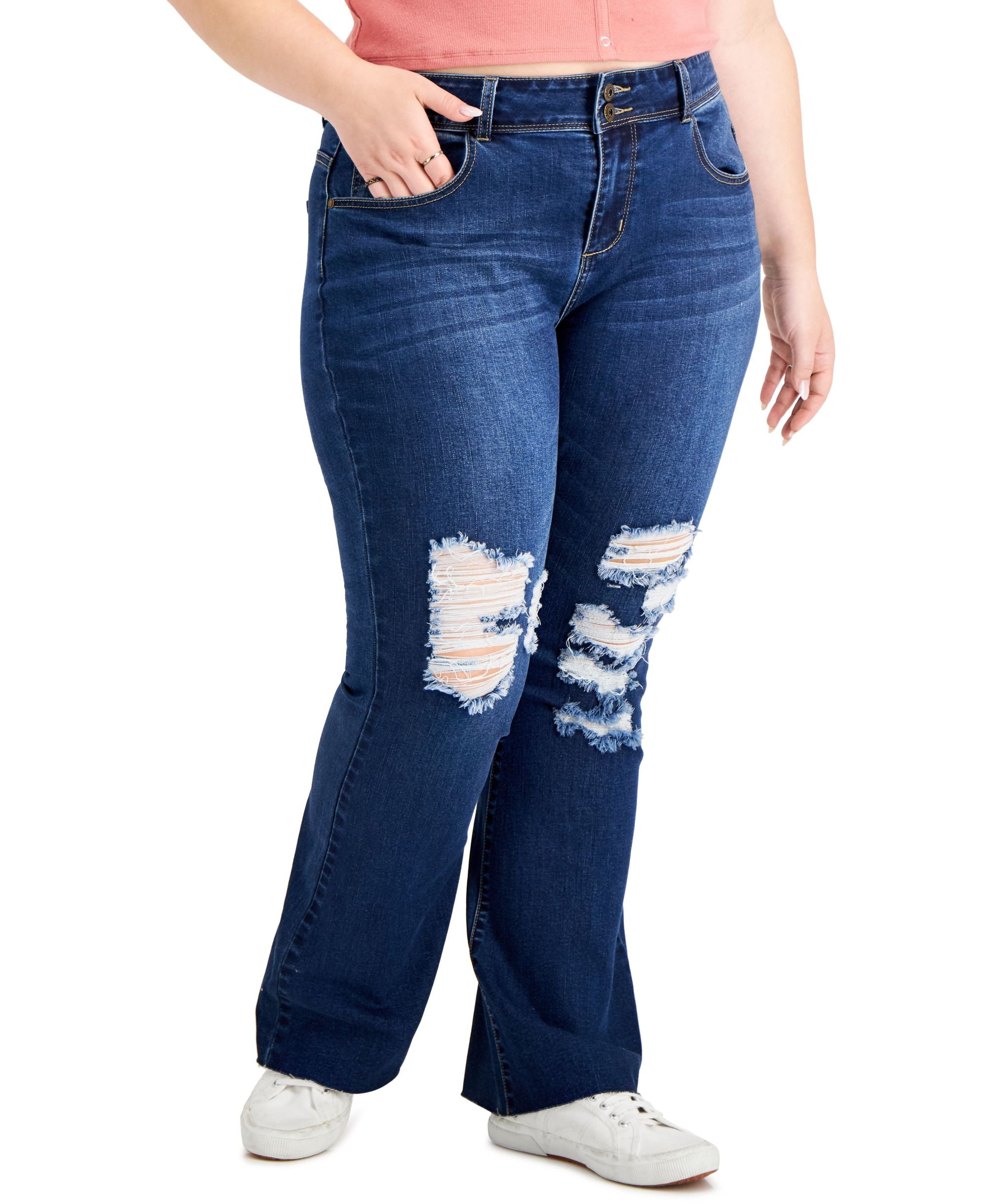 Gogo Jeans Trendy Plus Size Ripped Flare Leg Jeans