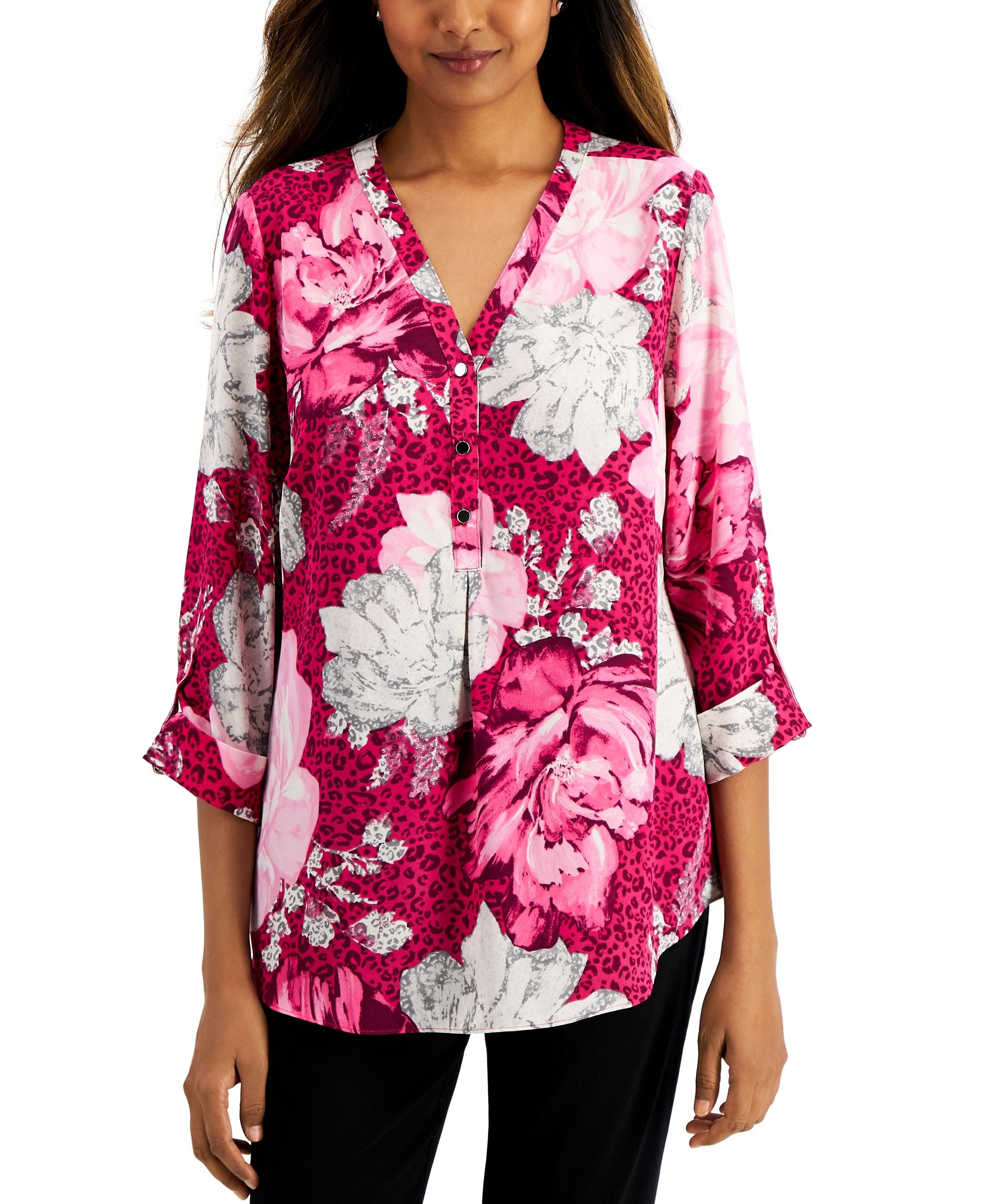JM Collection Printed Cuffed Sleeve Top