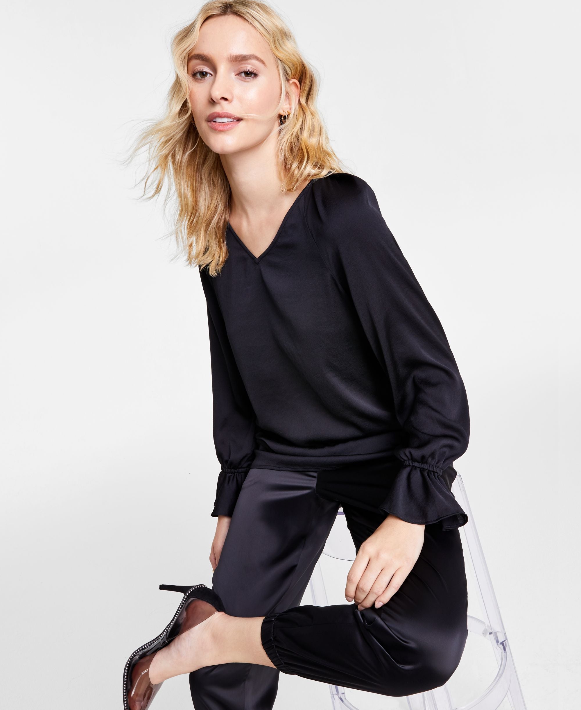 Bar III Womens Black Ruffled Long Sleeve V Neck Party Top