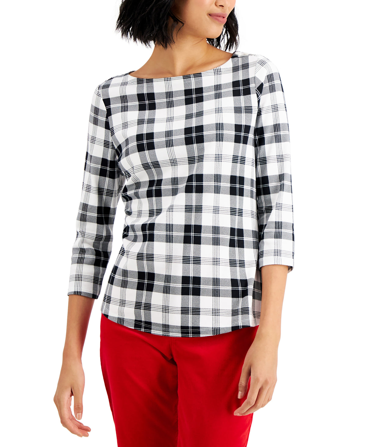 Petite Cotton Plaid Boat-Neck Top