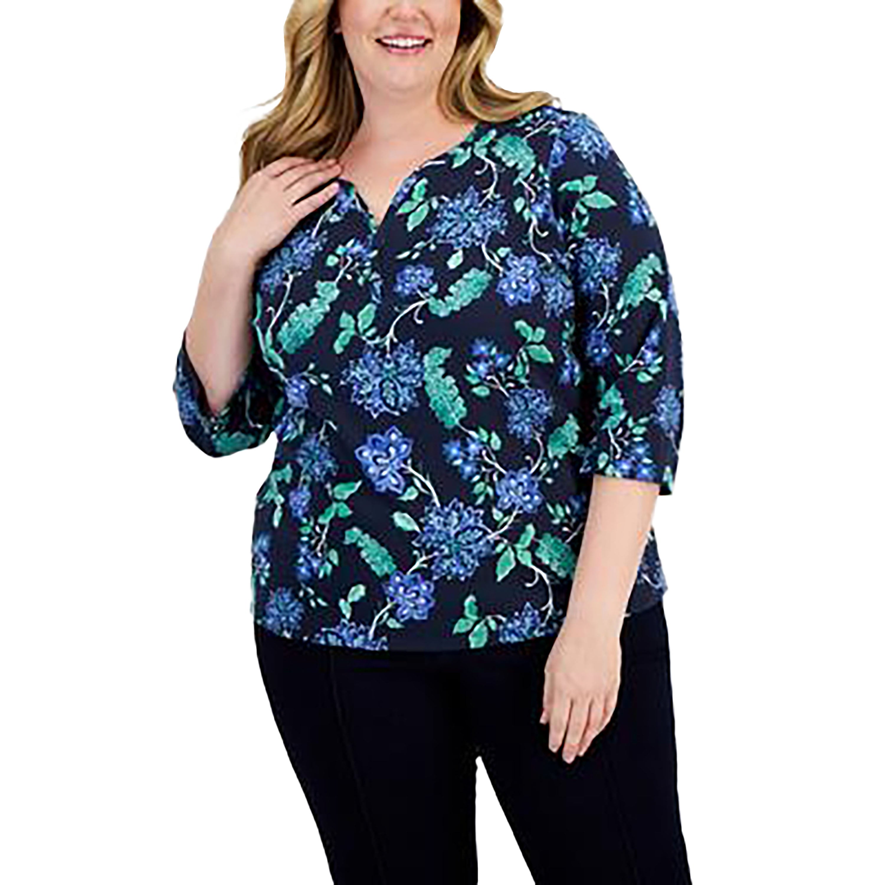 Plus Size Printed 3/4-Sleeve Henley Top Intrepid Blue 1X