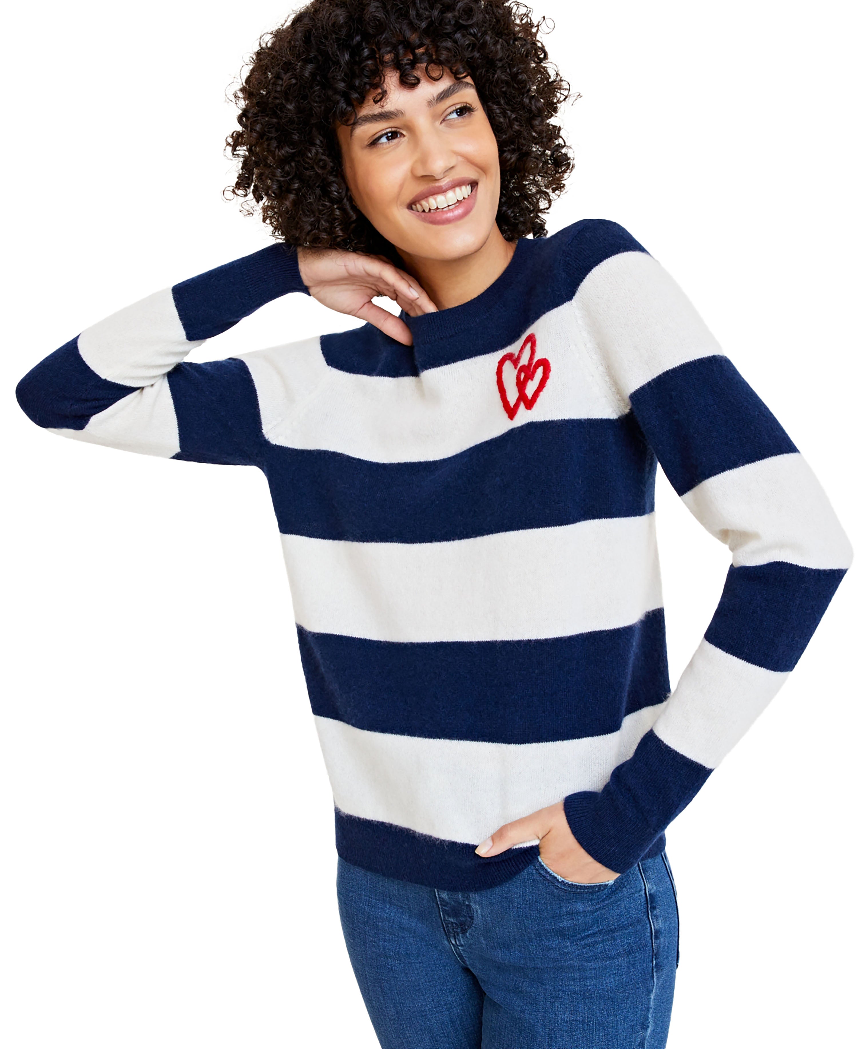 Women's Wispy Heart Striped 100% Cashmere Sweater