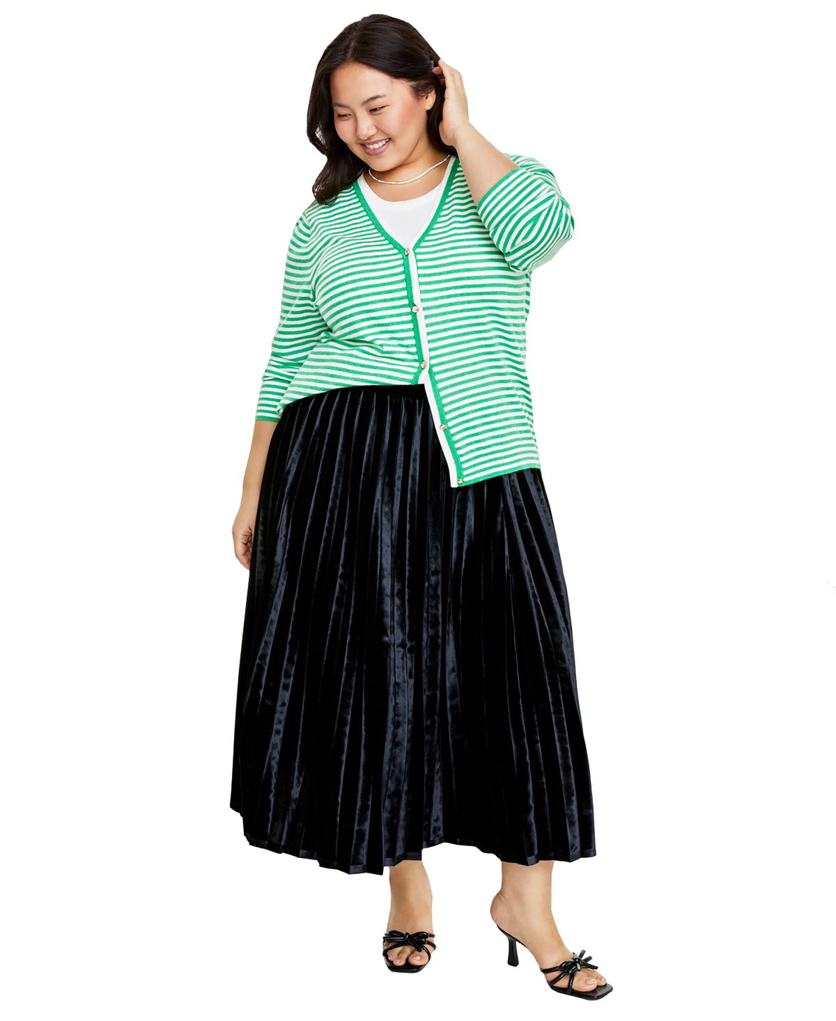 Plus Size Rhinestone-Button V-Neck Cardigan