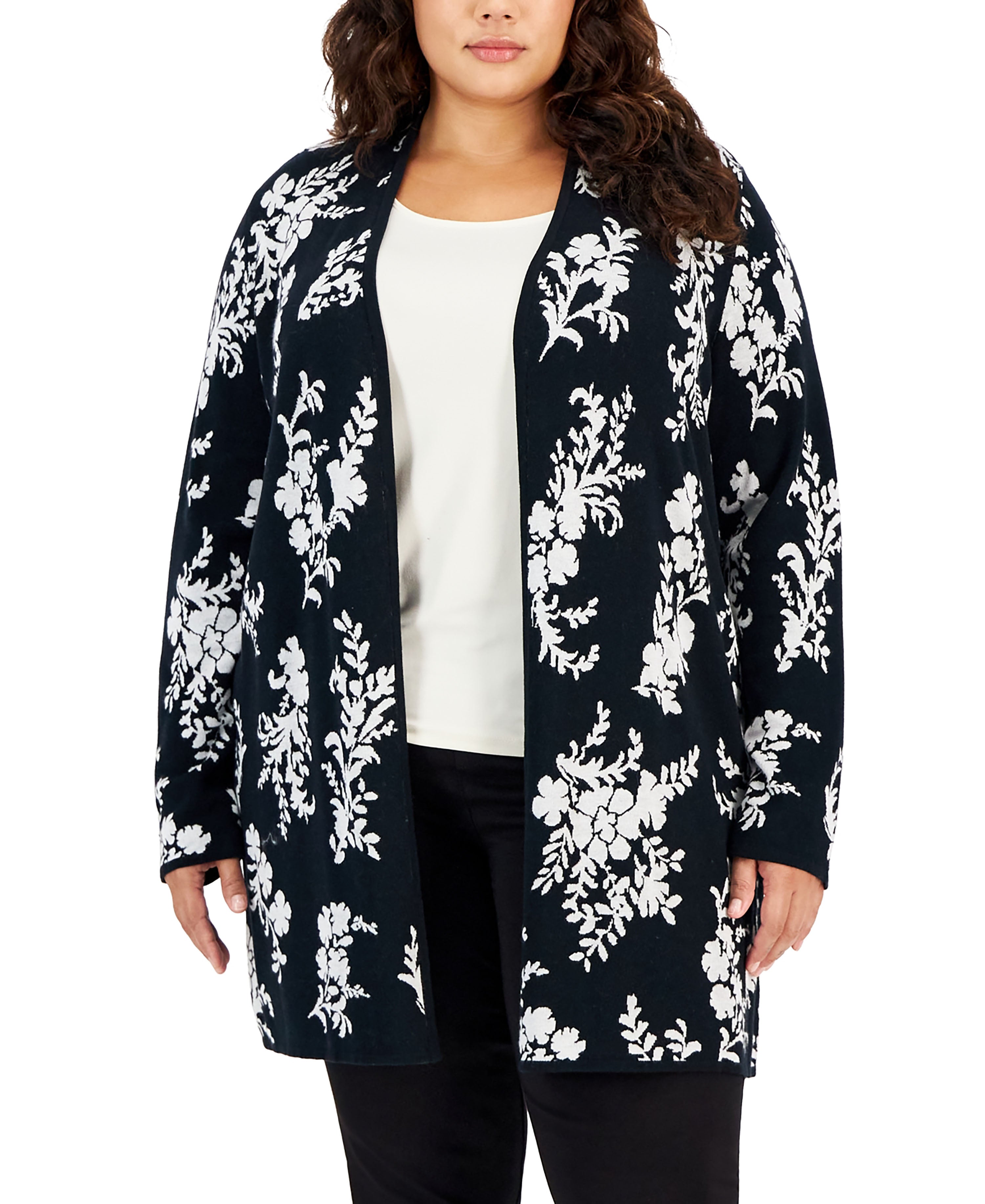 Plus Size Foliage Printed Cardigan Sweater