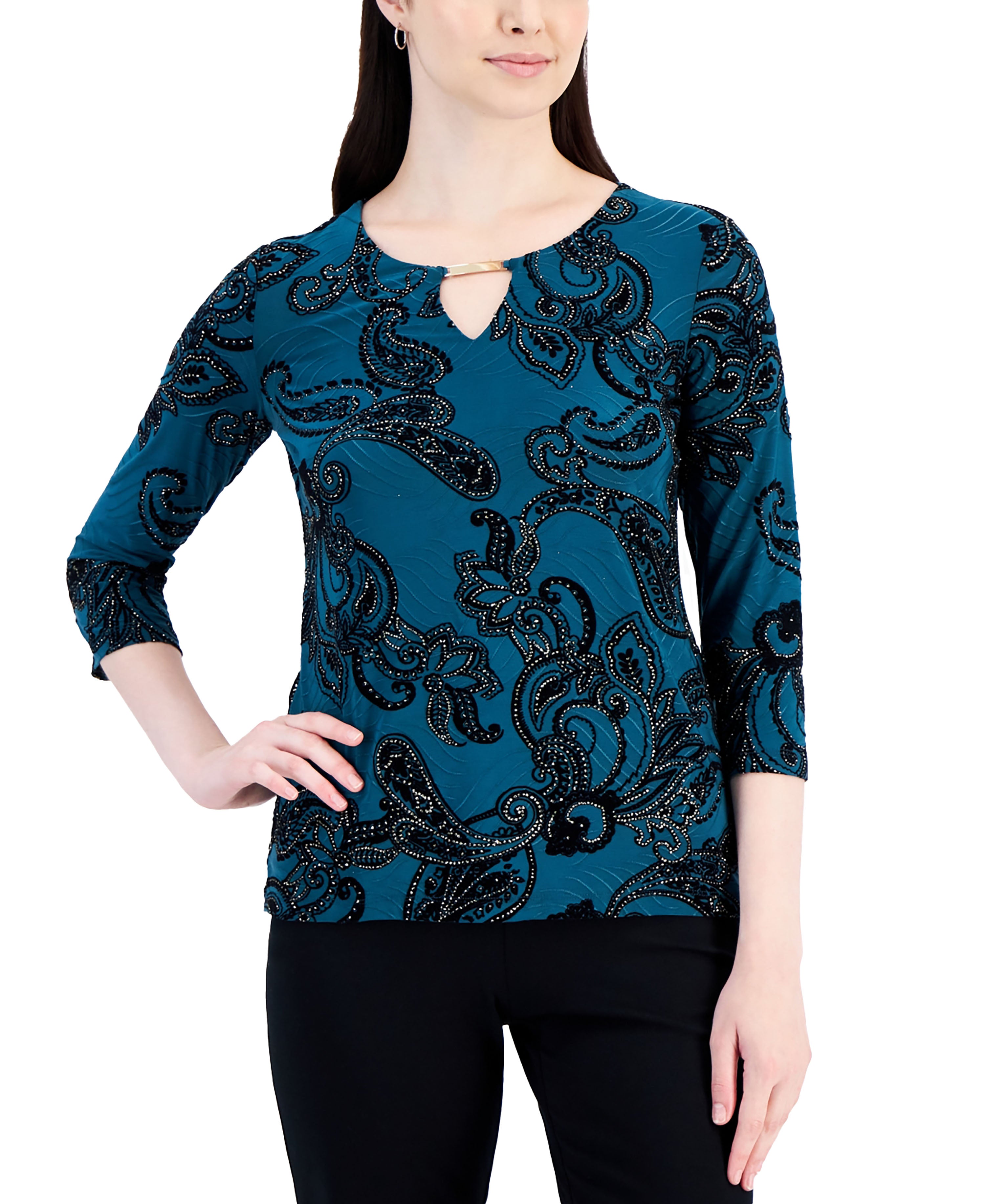 Women's Embellished Jacquard Keyhole Top Teal Evergreen Combo S