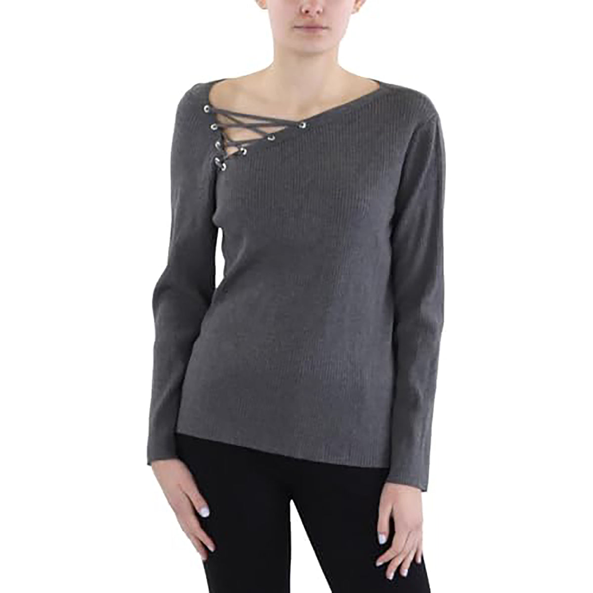 Women's Asymmetric-Lace-Up-Neck Sweater