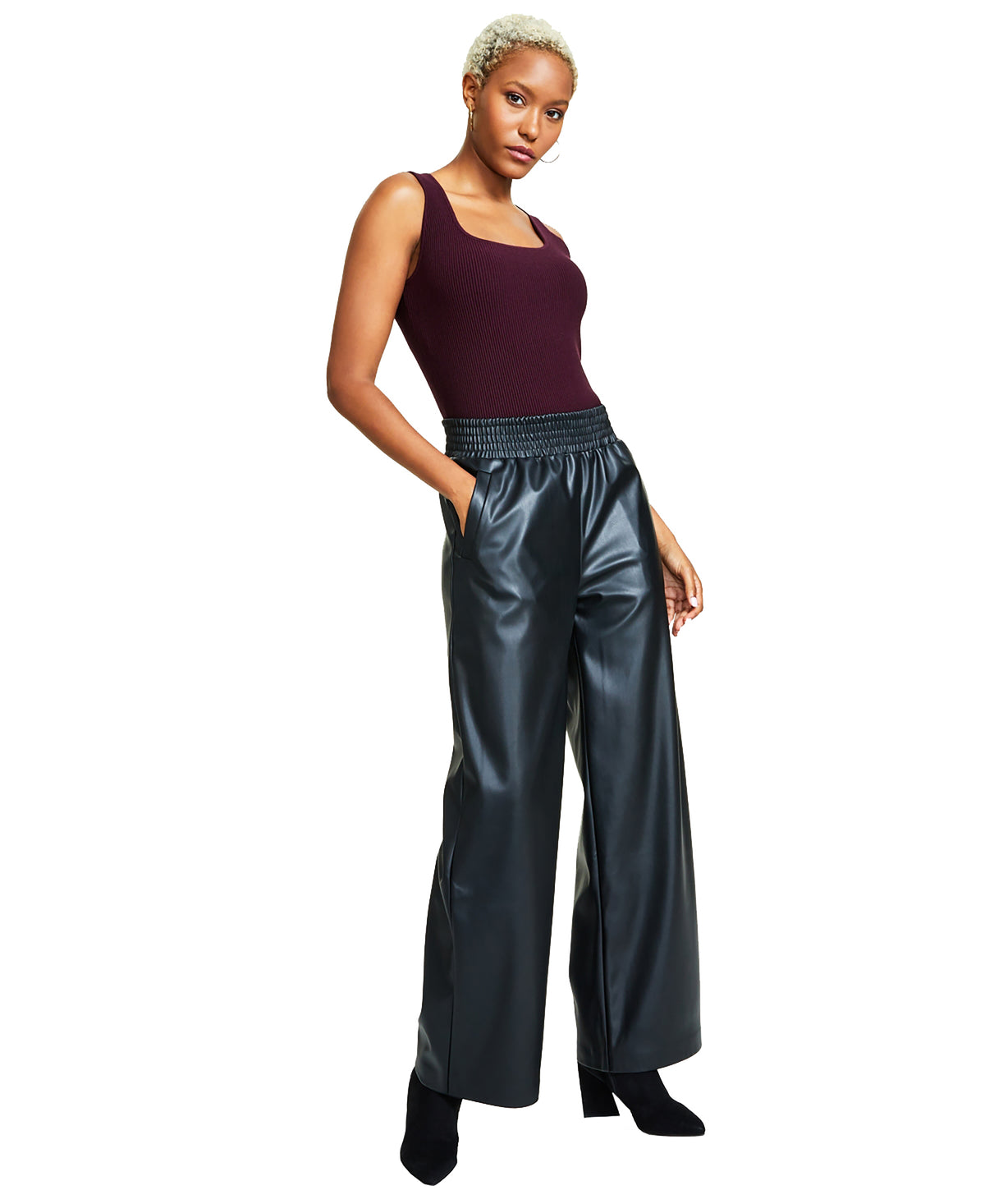 Women's Ottoman Sweater, Ribbed Tank Top & Faux-Leather Wide-Leg Pants