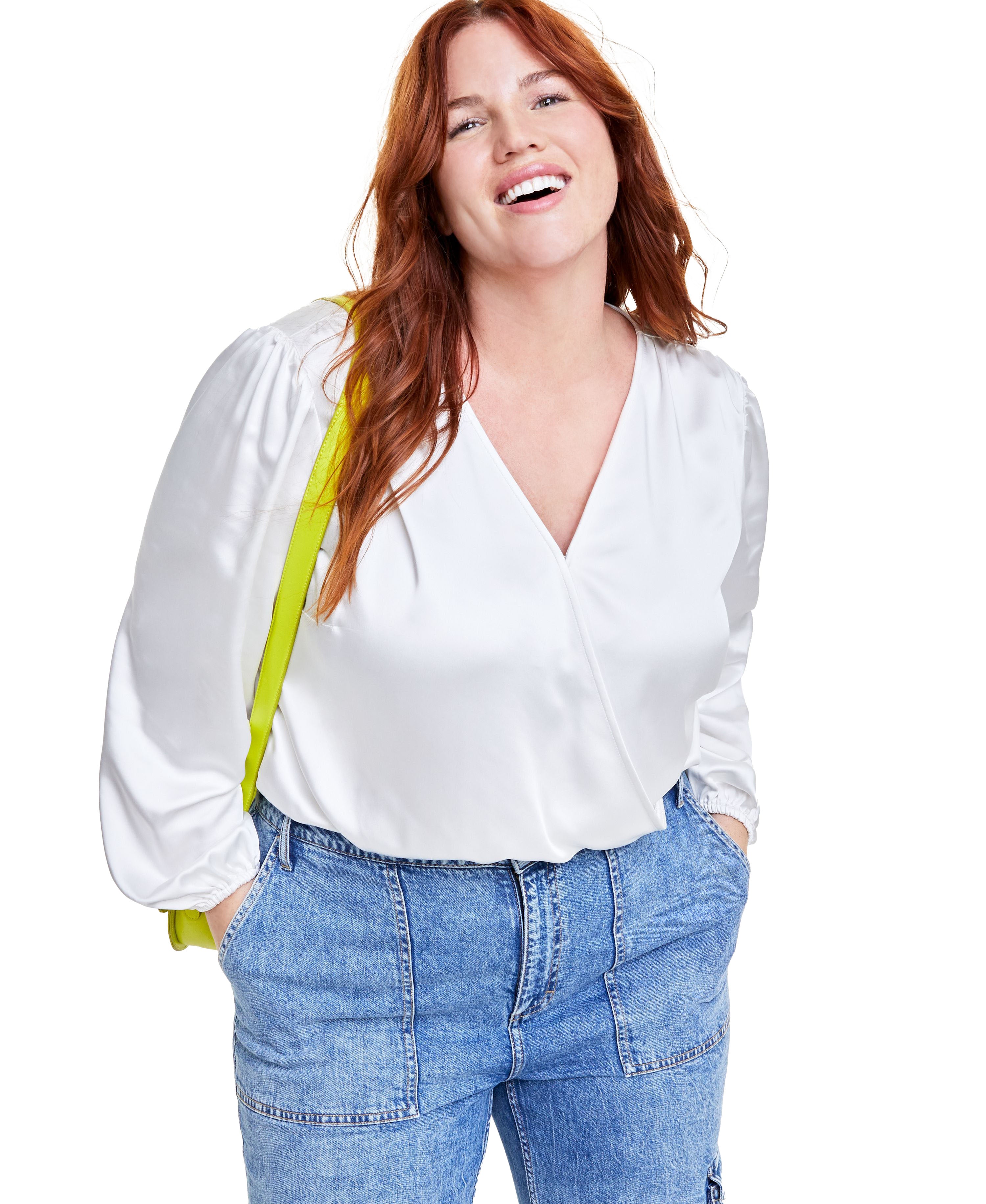 Plus Size Satin Surplice-Neck Bodysuit